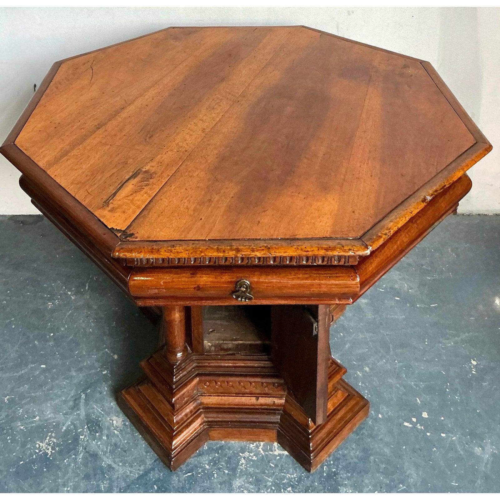 Oak Vintage Boho 19th Century Carved Octagon Table For Sale