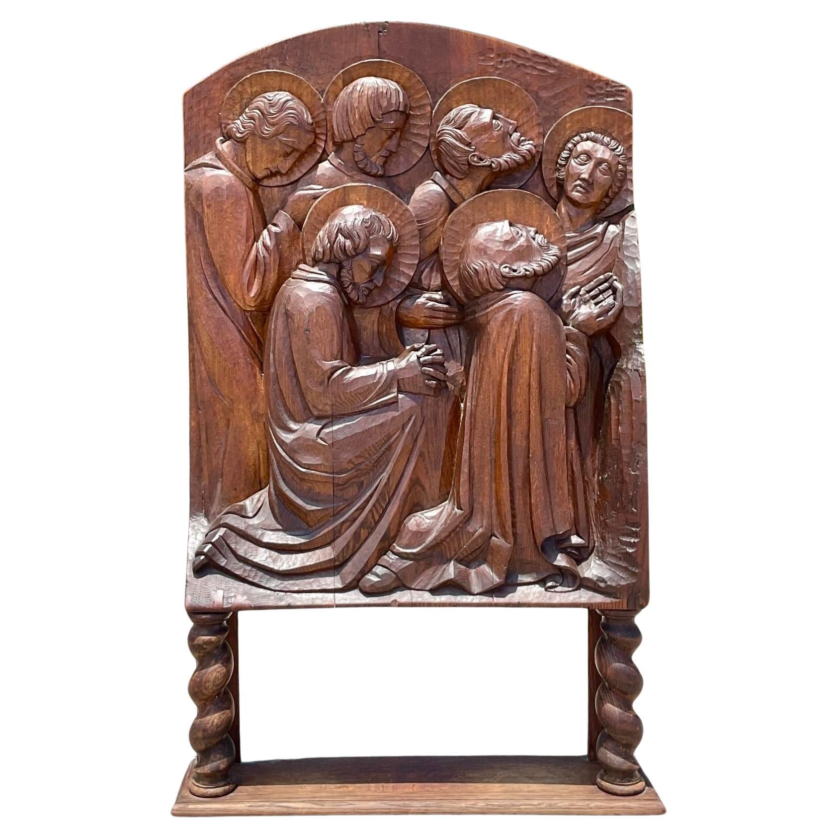 Scultura da pavimento di santi intagliati del XIX secolo vintage Boho