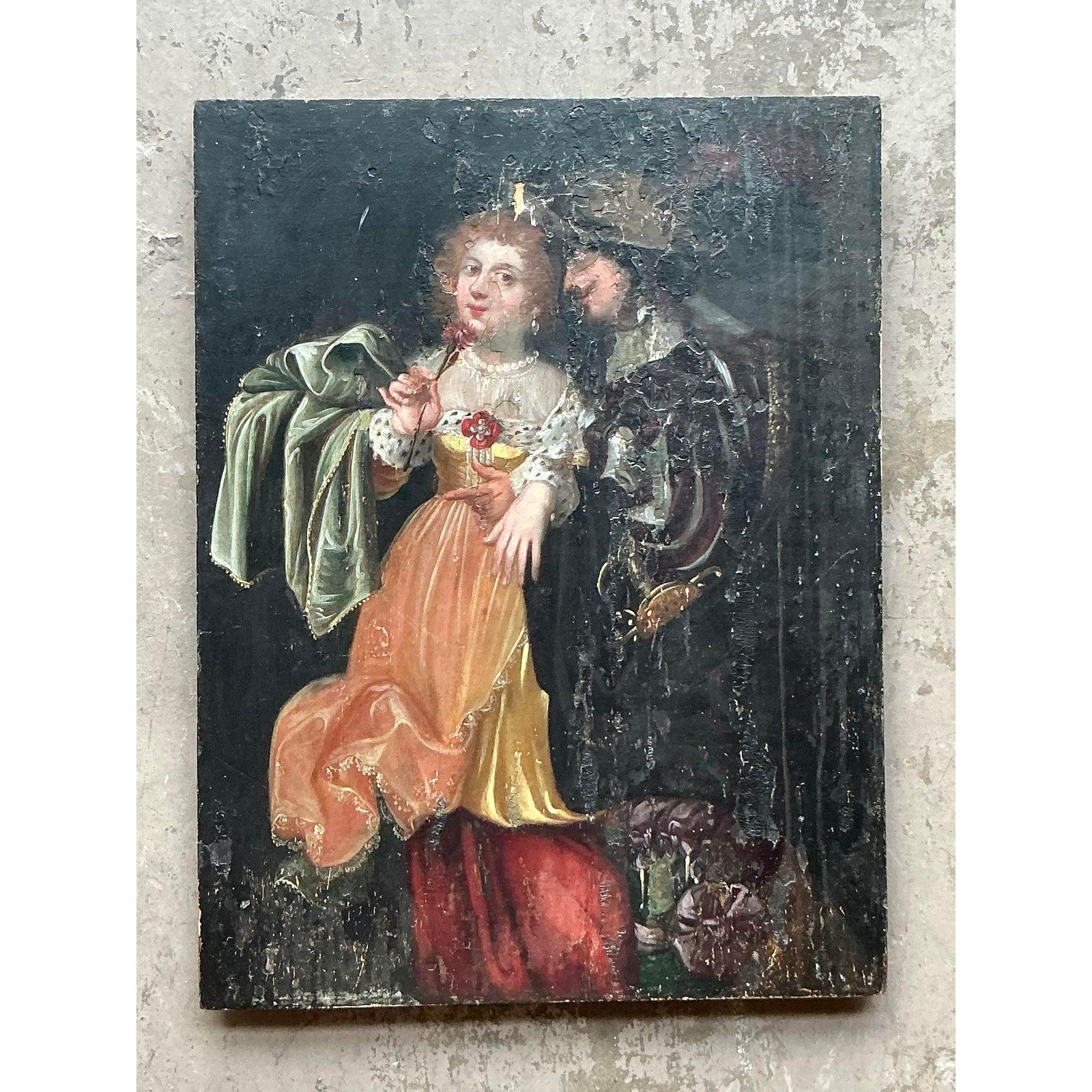Dieses fesselnde Ölgemälde der Kontinentalschule aus dem 19. Jahrhundert zeigt eine romantische Figurenszene, die mit der für diese Epoche charakteristischen reichen Tonalität und ausdrucksstarken Pinselführung wiedergegeben ist. Das Kunstwerk