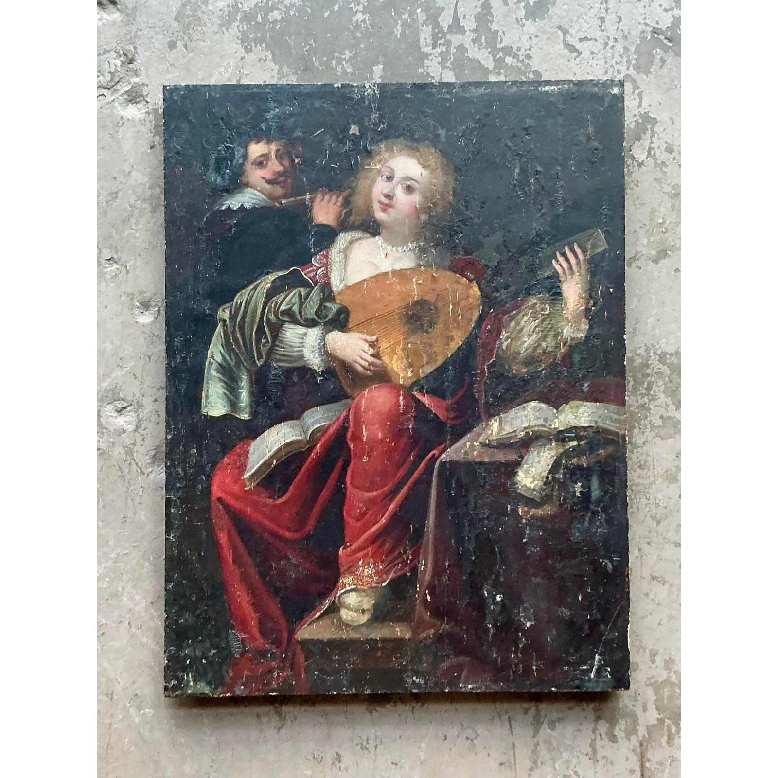 Dieses fesselnde Ölgemälde auf Karton aus dem 19. Jahrhundert verkörpert mit seiner reichhaltigen Darstellung einer musikalischen Serenade den Geist der Boheme. Das Stück zeigt zwei Figuren: eine elegant in ein wallendes rotes Kleid gehüllte Frau,