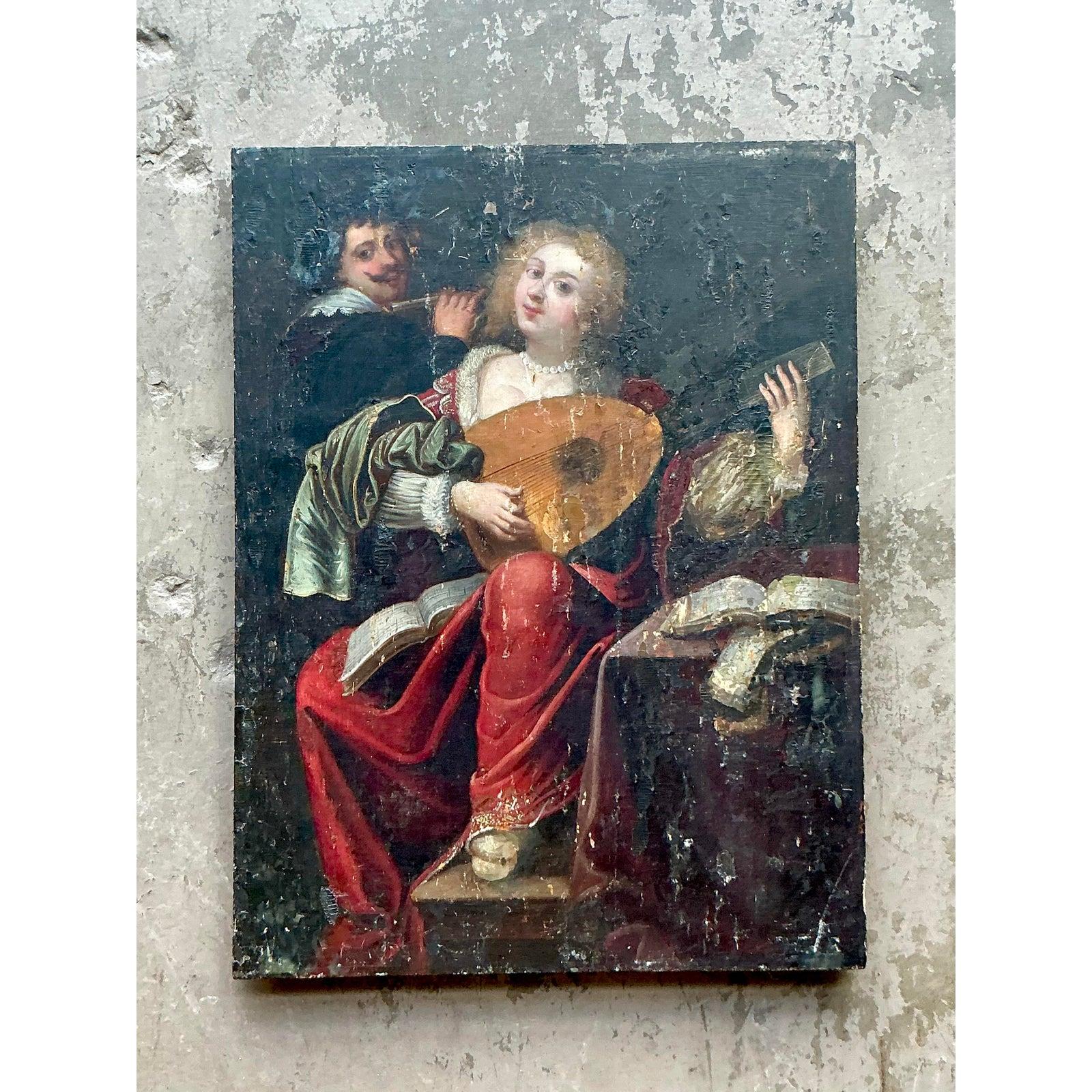 Vintage Boho 19. Jahrhundert Figurale Malerei Öl auf Brett (Barock) im Angebot
