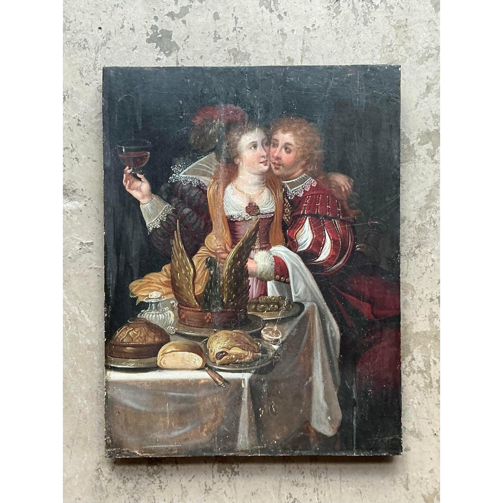 Vintage Boho 19. Jahrhundert figurale Malerei auf dem Brett im Zustand „Gut“ im Angebot in West Palm Beach, FL