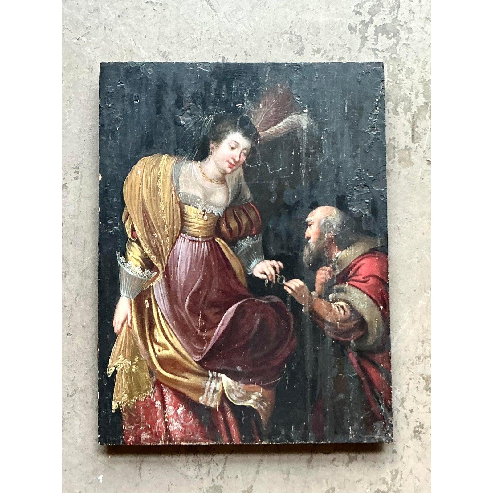 Vintage Boho 19. Jahrhundert figurale Malerei auf dem Brett (Holz) im Angebot