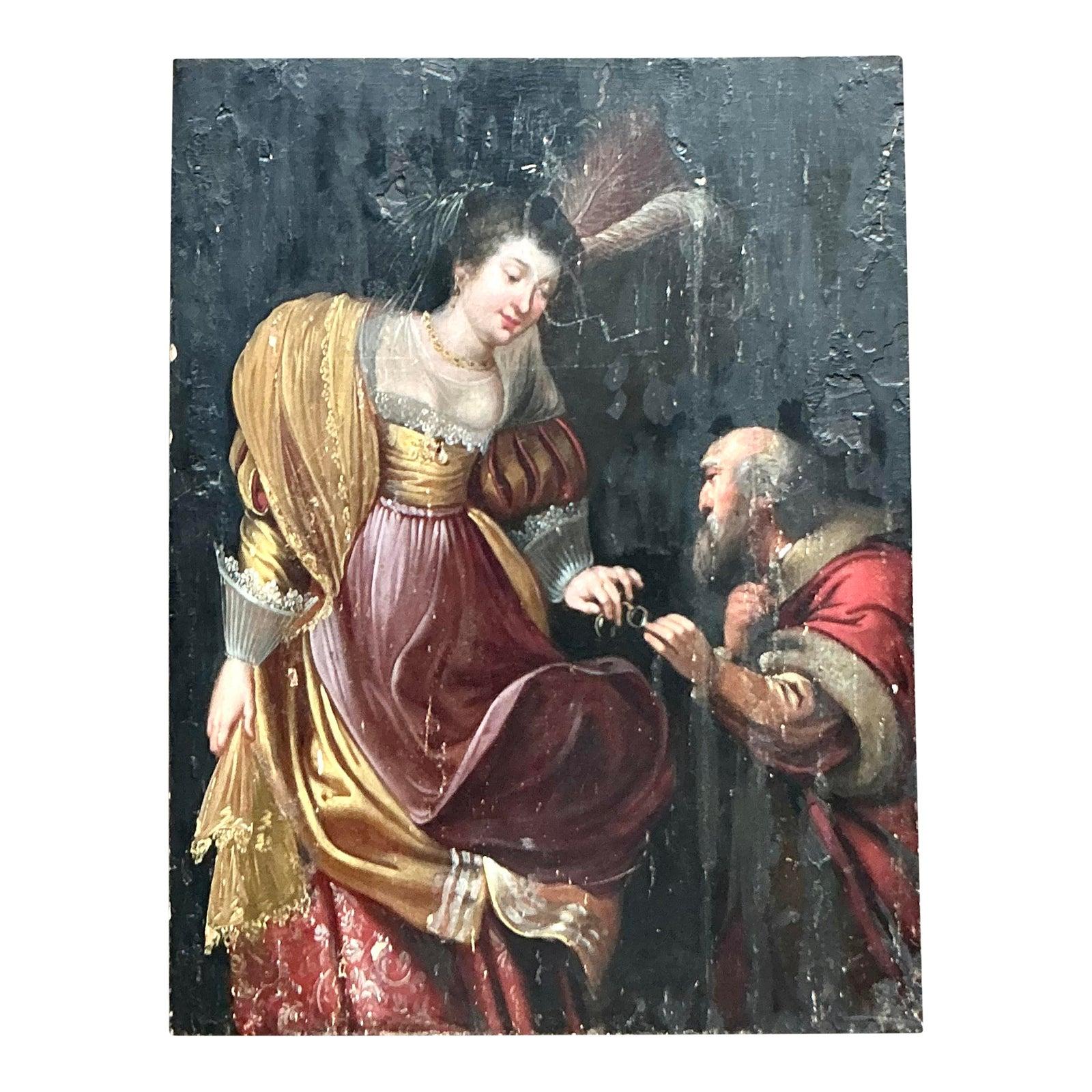 Vintage Boho 19. Jahrhundert figurale Malerei auf dem Brett