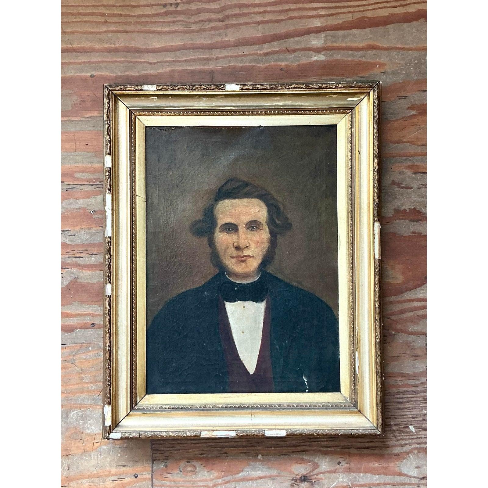 Vintage Boho 19. Jahrhundert Folk Art Porträt eines Mannes (Volkskunst) im Angebot