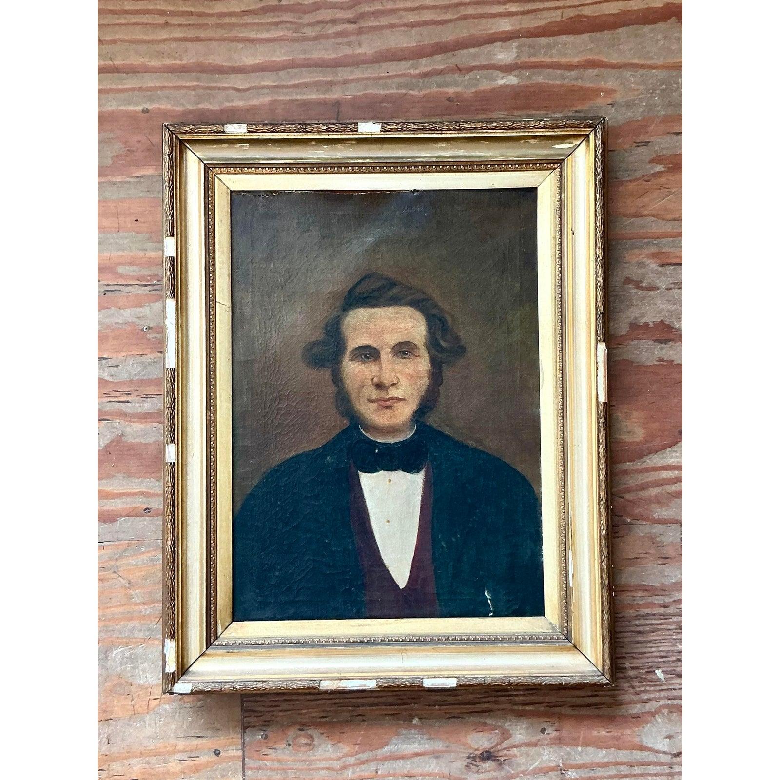 Vintage Boho 19. Jahrhundert Folk Art Porträt eines Mannes (amerikanisch) im Angebot