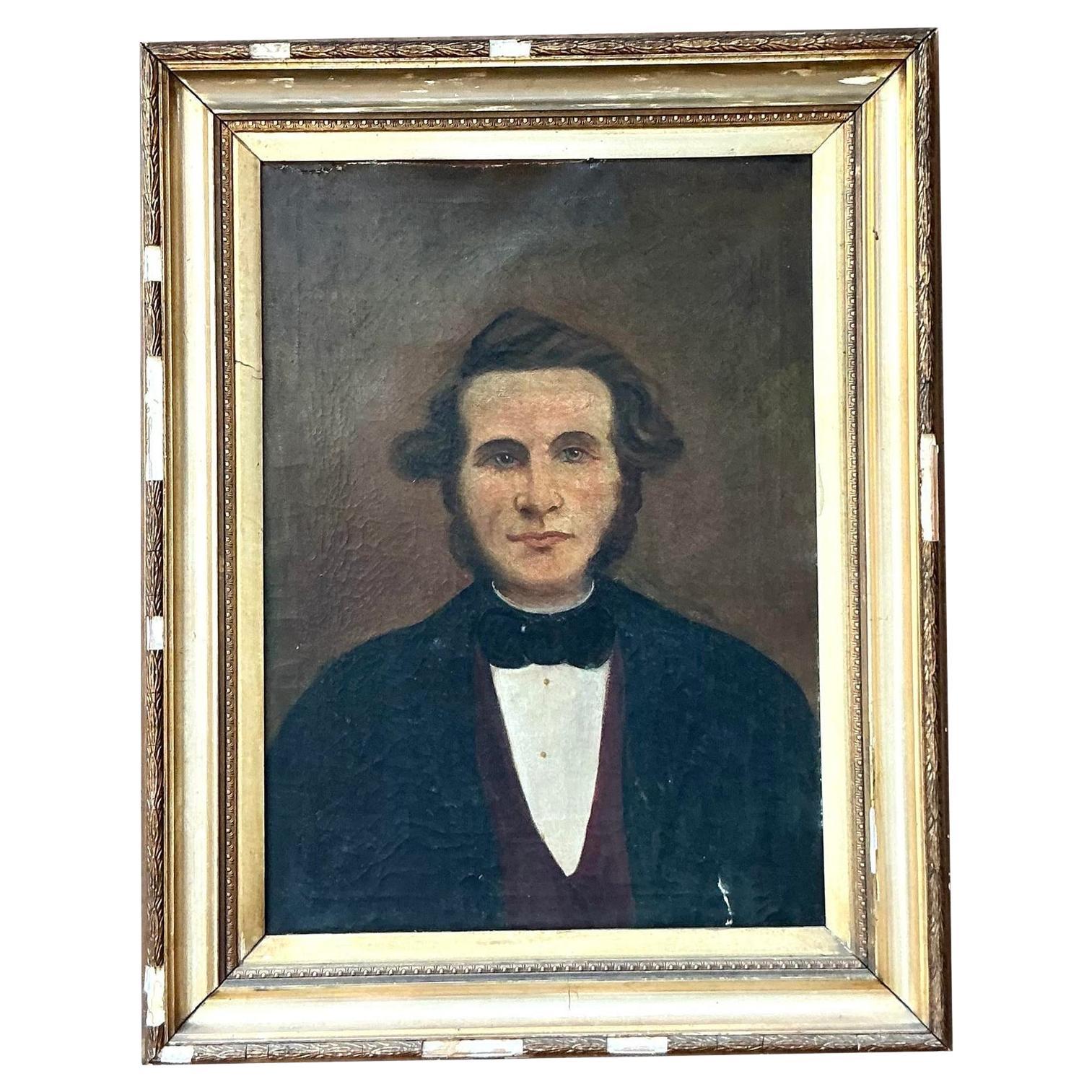 Vintage Boho 19ème siècle Folk Art Portrait d'homme