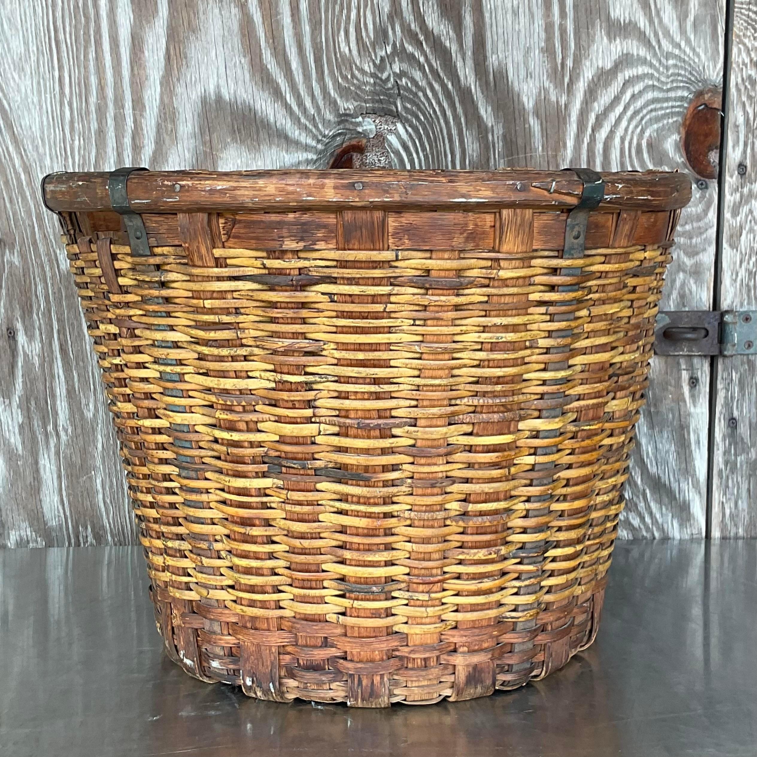 Vintage Boho 19th Century French Woven Rattan Basket In Good Condition For Sale In west palm beach, FL