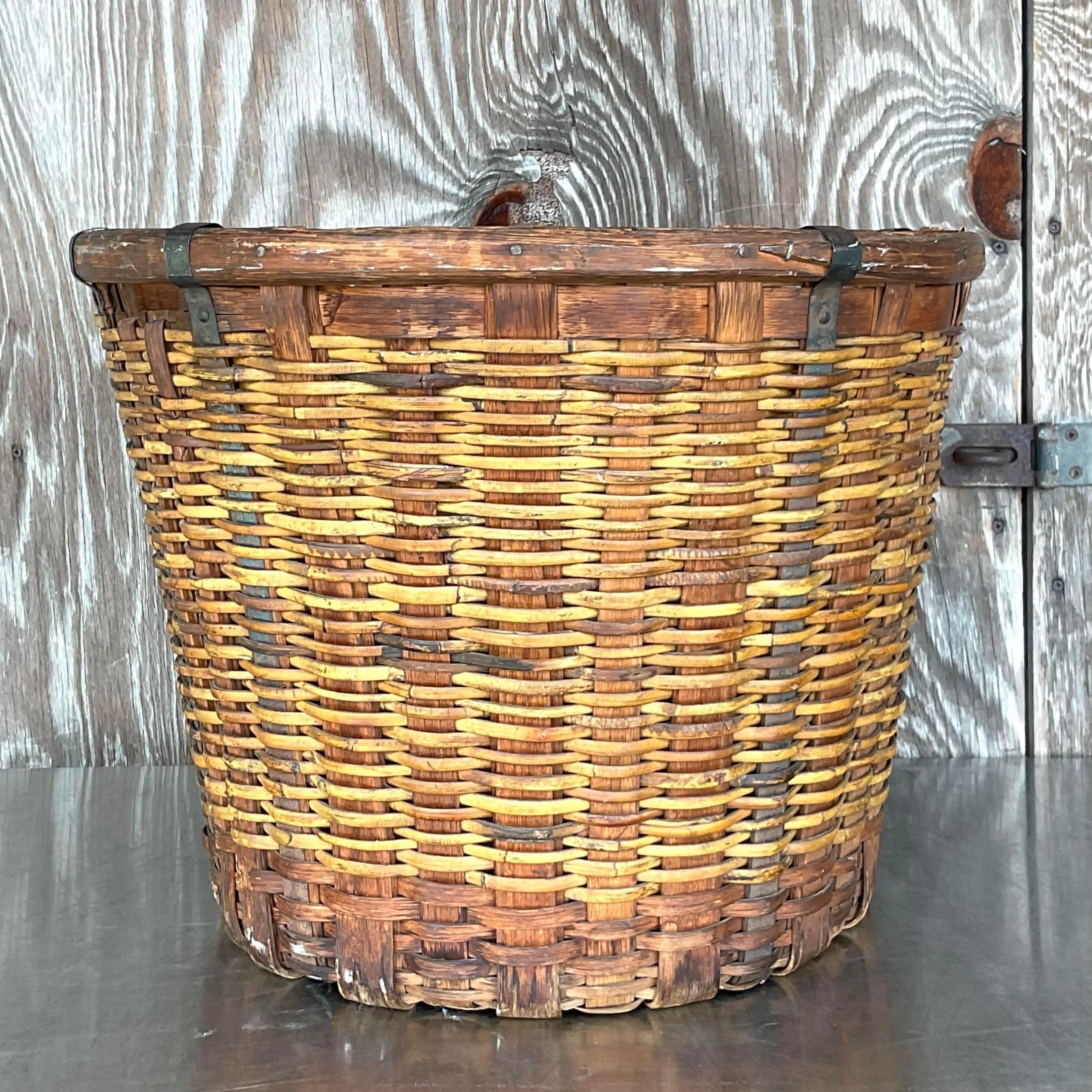 Metal Vintage Boho 19th Century French Woven Rattan Basket For Sale