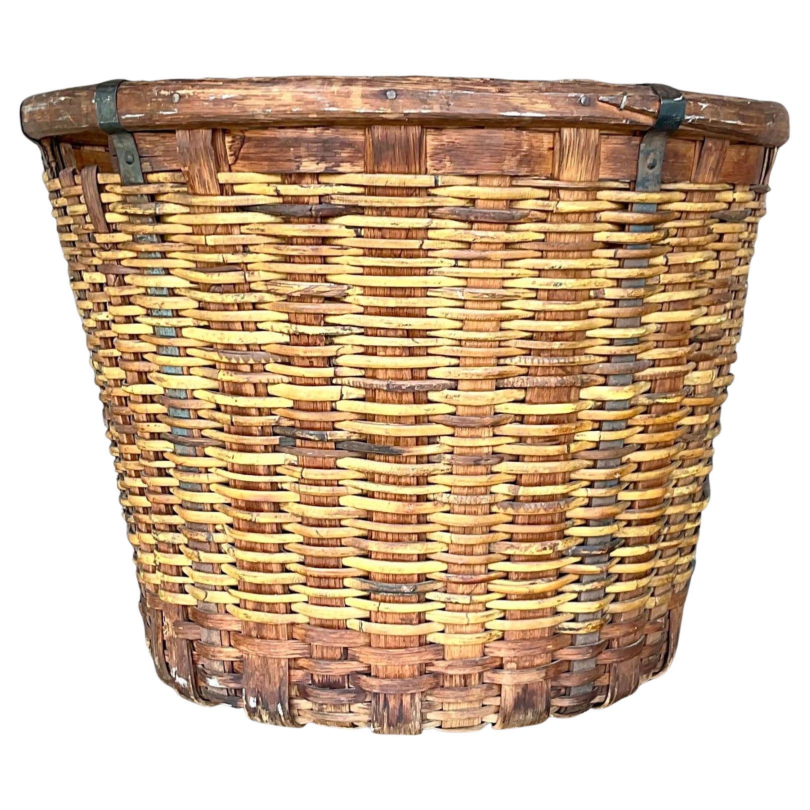 Vintage Boho 19th Century French Woven Rattan Basket For Sale