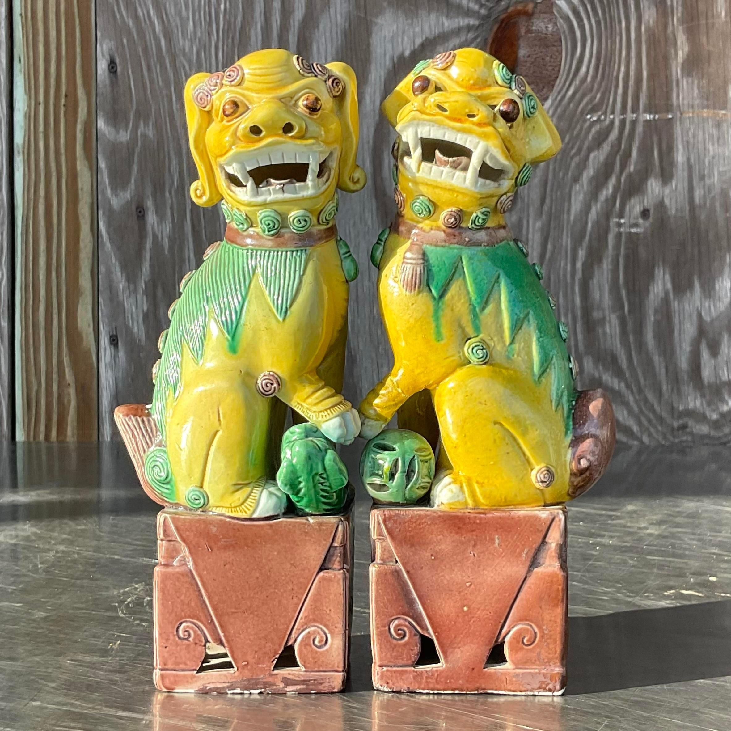 Vintage Boho 19th Century Glazed Ceramic Foo Dogs - a Pair In Good Condition For Sale In west palm beach, FL