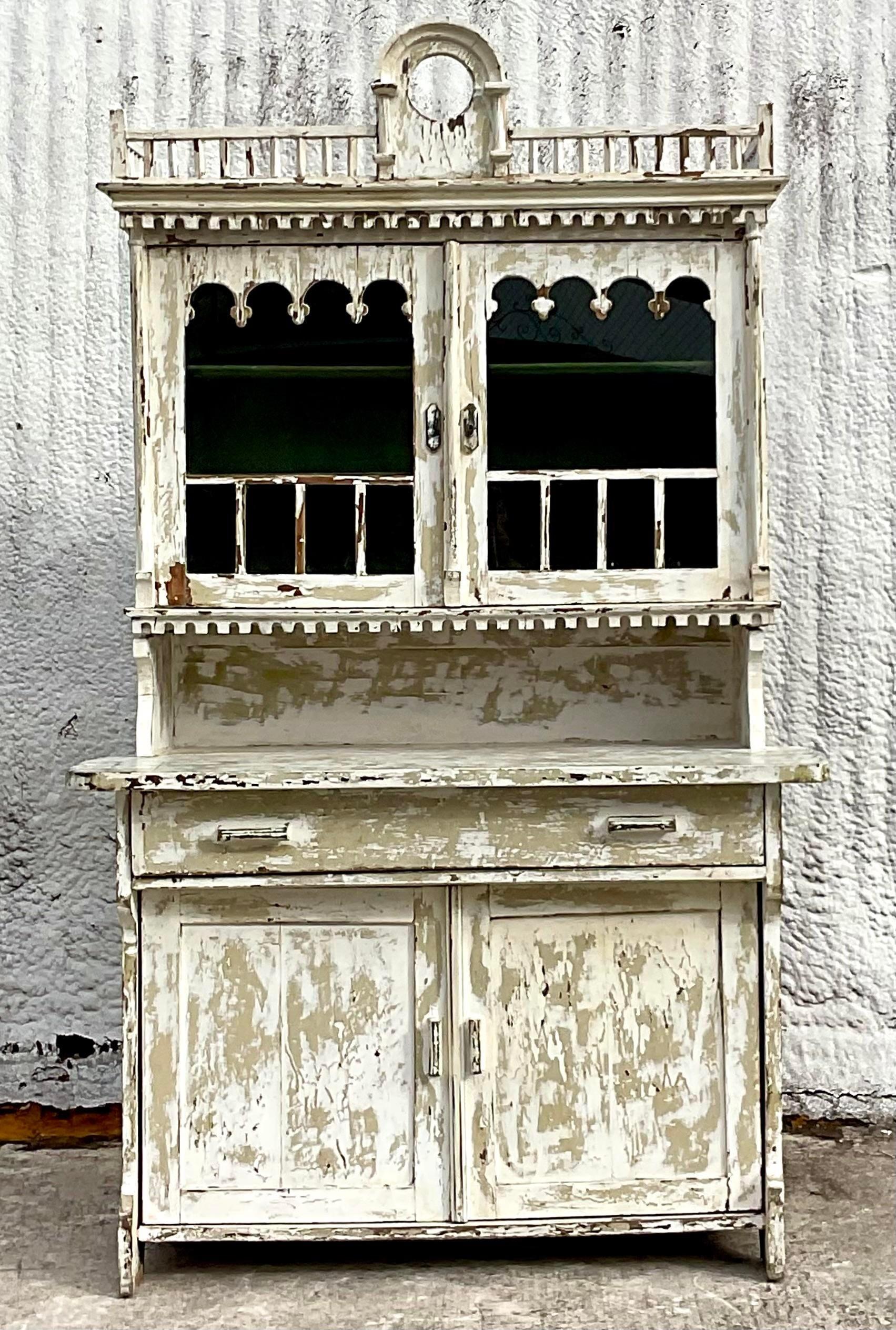 Vintage 19th Century Hand Chamfered Pine Cabinet in Original Oyster White Paint For Sale 5
