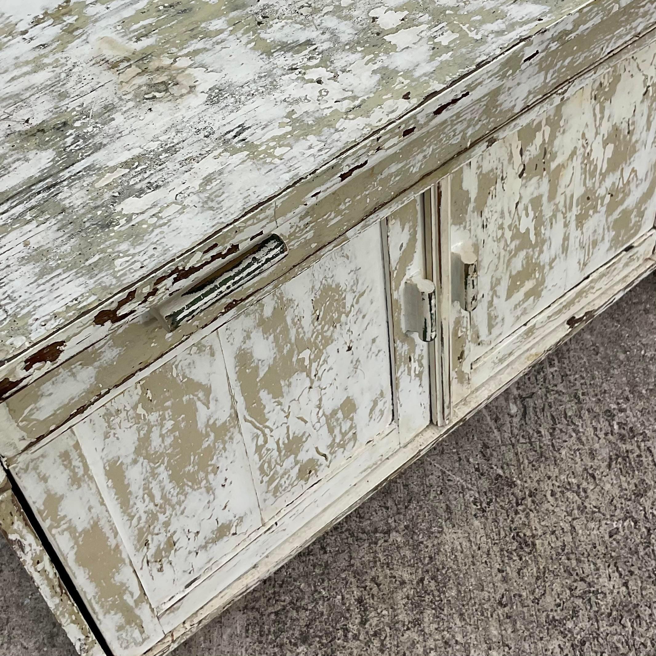 Glass Vintage 19th Century Hand Chamfered Pine Cabinet in Original Oyster White Paint For Sale