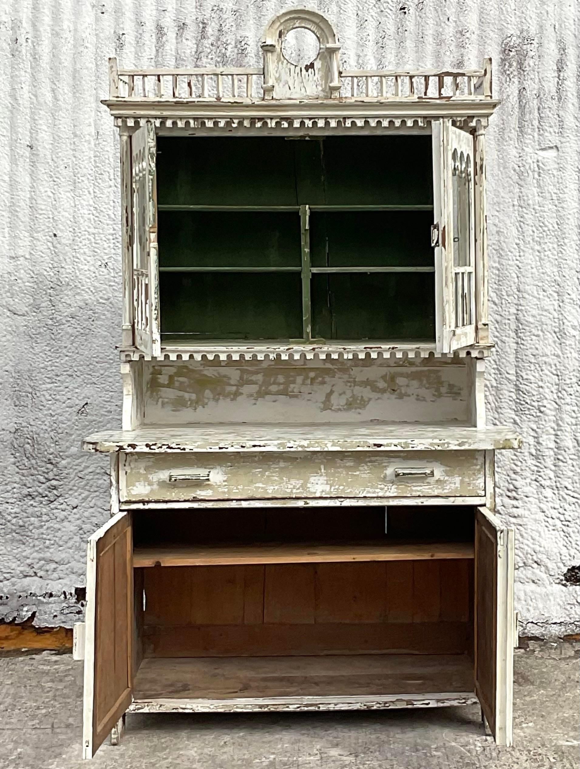 Vintage 19th Century Hand Chamfered Pine Cabinet in Original Oyster White Paint For Sale 1