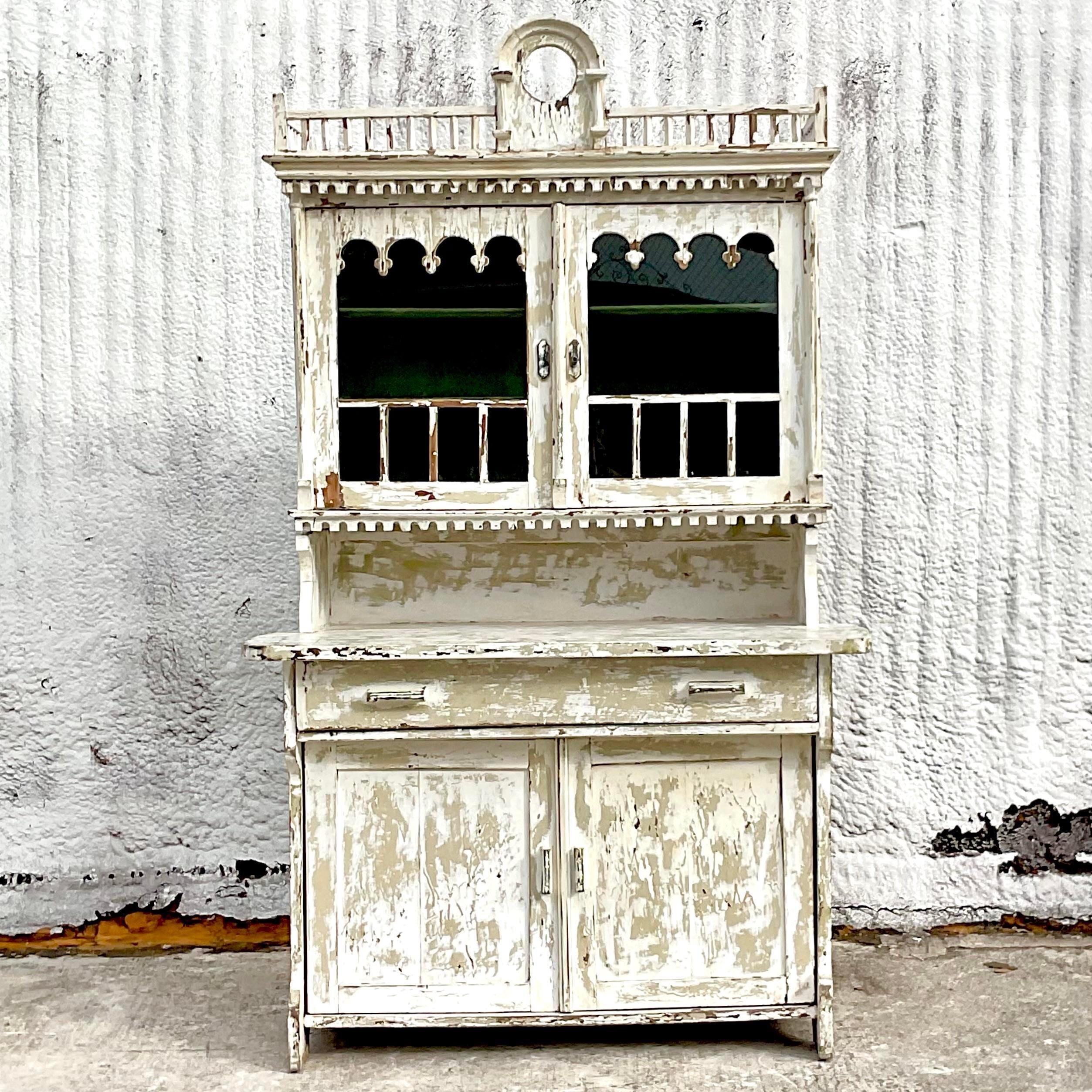Vintage 19th Century Hand Chamfered Pine Cabinet in Original Oyster White Paint For Sale 2