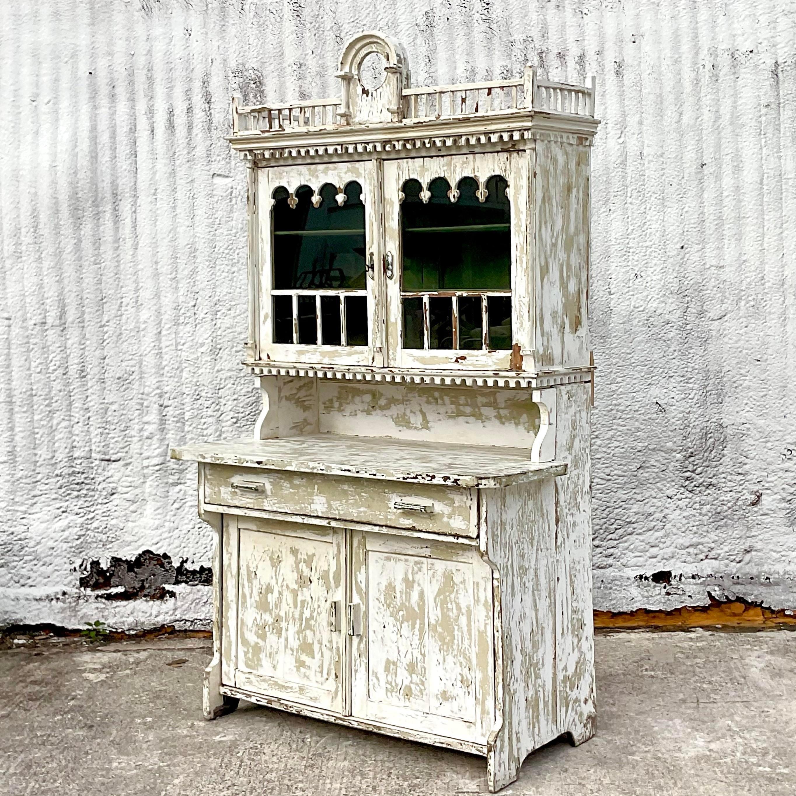 Vintage 19th Century Hand Chamfered Pine Cabinet in Original Oyster White Paint For Sale 3