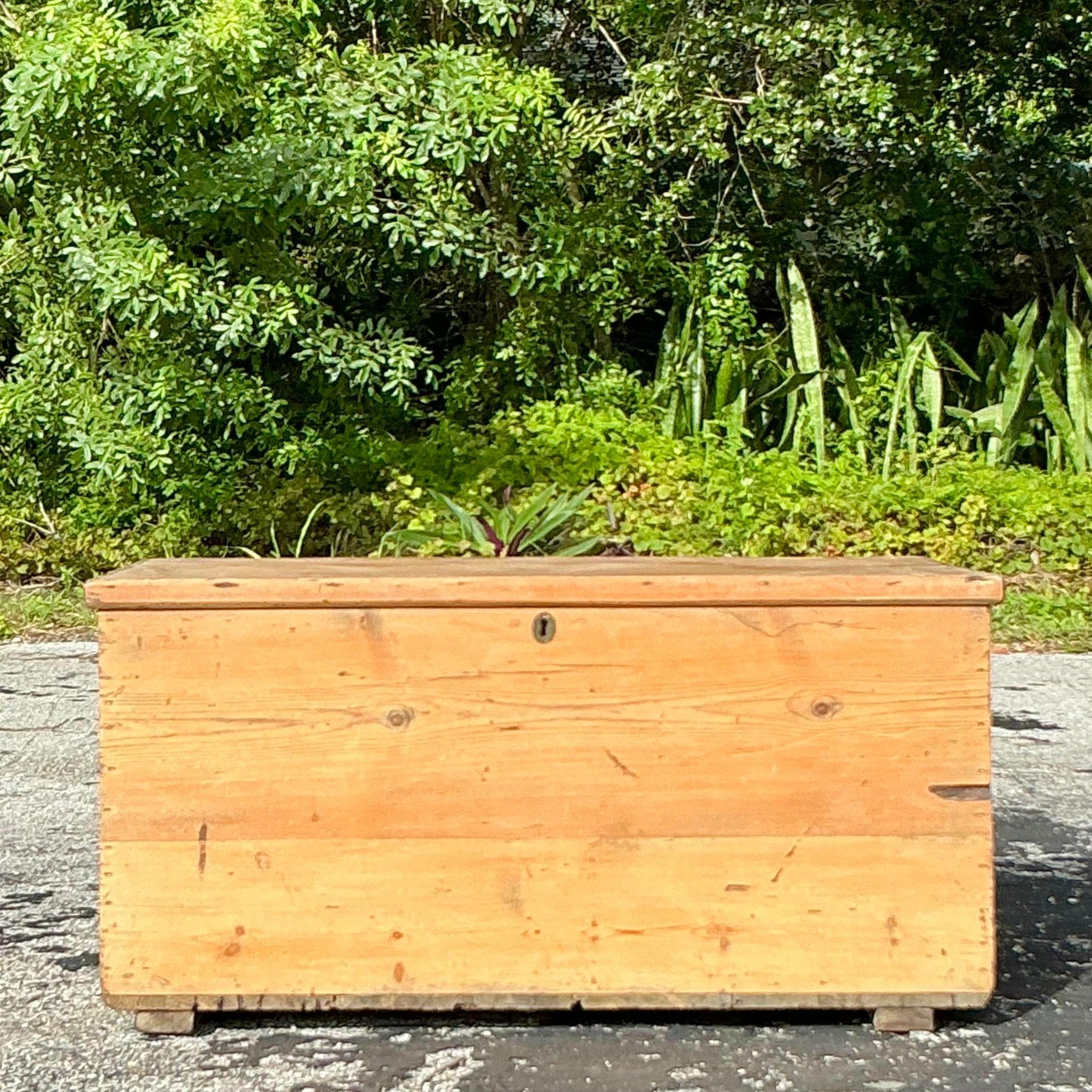 Cattura l'essenza del fascino rustico con questa cassapanca in pino vintage boho del XIX secolo, un pezzo senza tempo che unisce la storia allo stile bohémien. Realizzata a mano in pino massiccio, questa cassapanca presenta la patina naturale e i