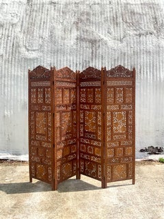 Vintage Boho 4 Panel Indian Teak Wood “Angure Ka Parre” Screen
