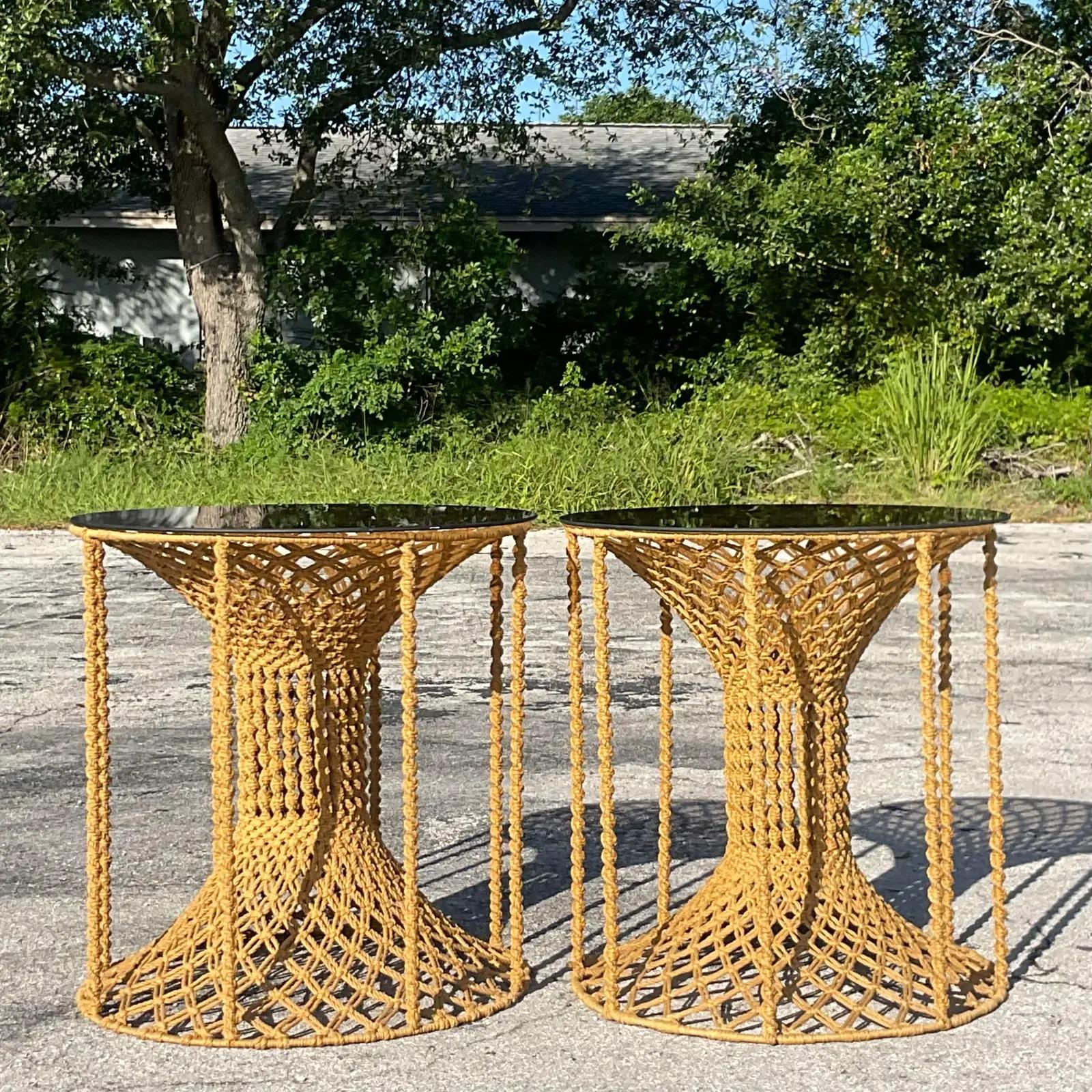 North American Vintage Boho 60s Hand Made Macrame Side Tables, Pair