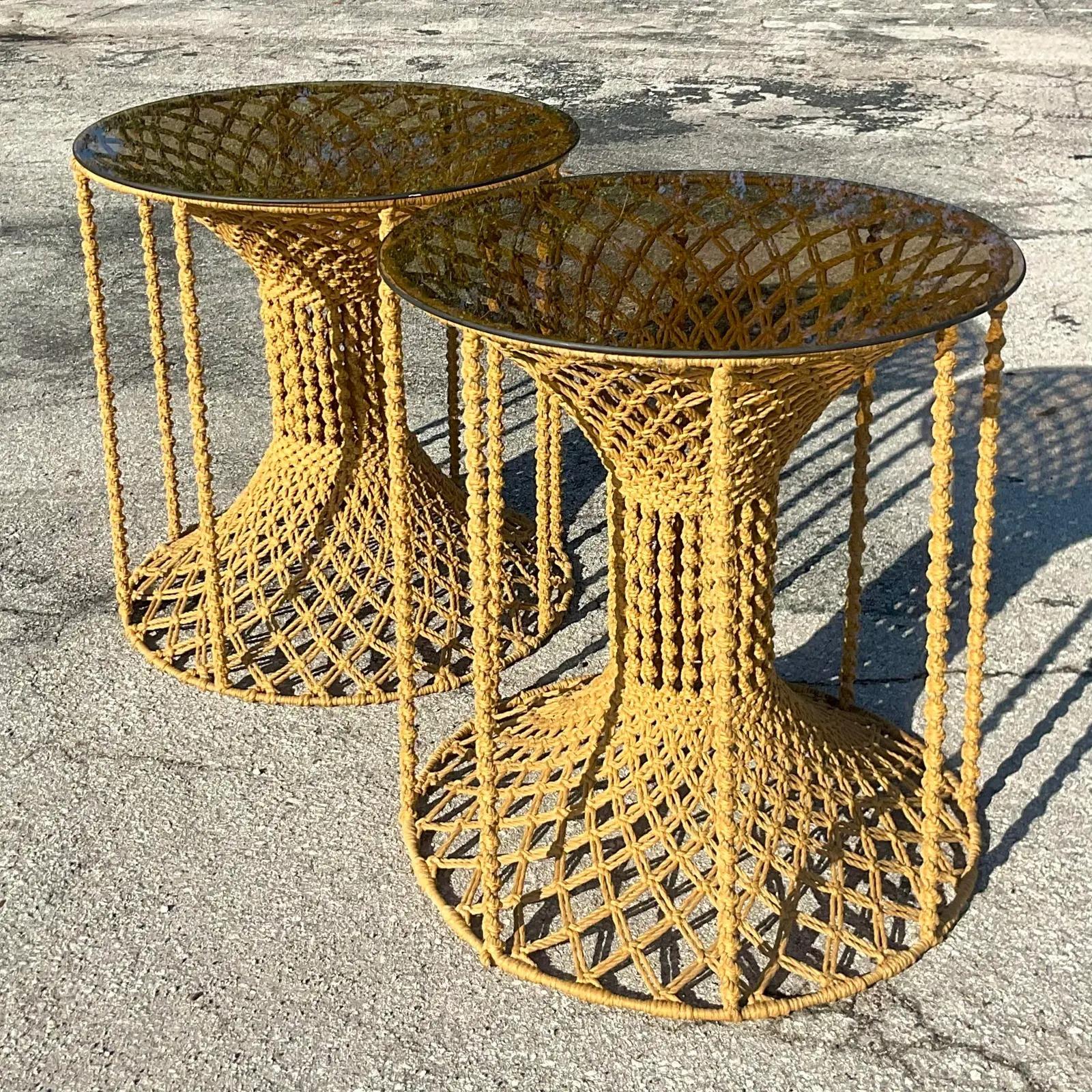 Mid-20th Century Vintage Boho 60s Hand Made Macrame Side Tables, Pair