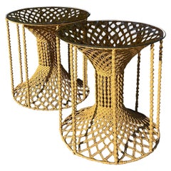 Vintage Boho 60s Hand Made Macrame Side Tables, Pair