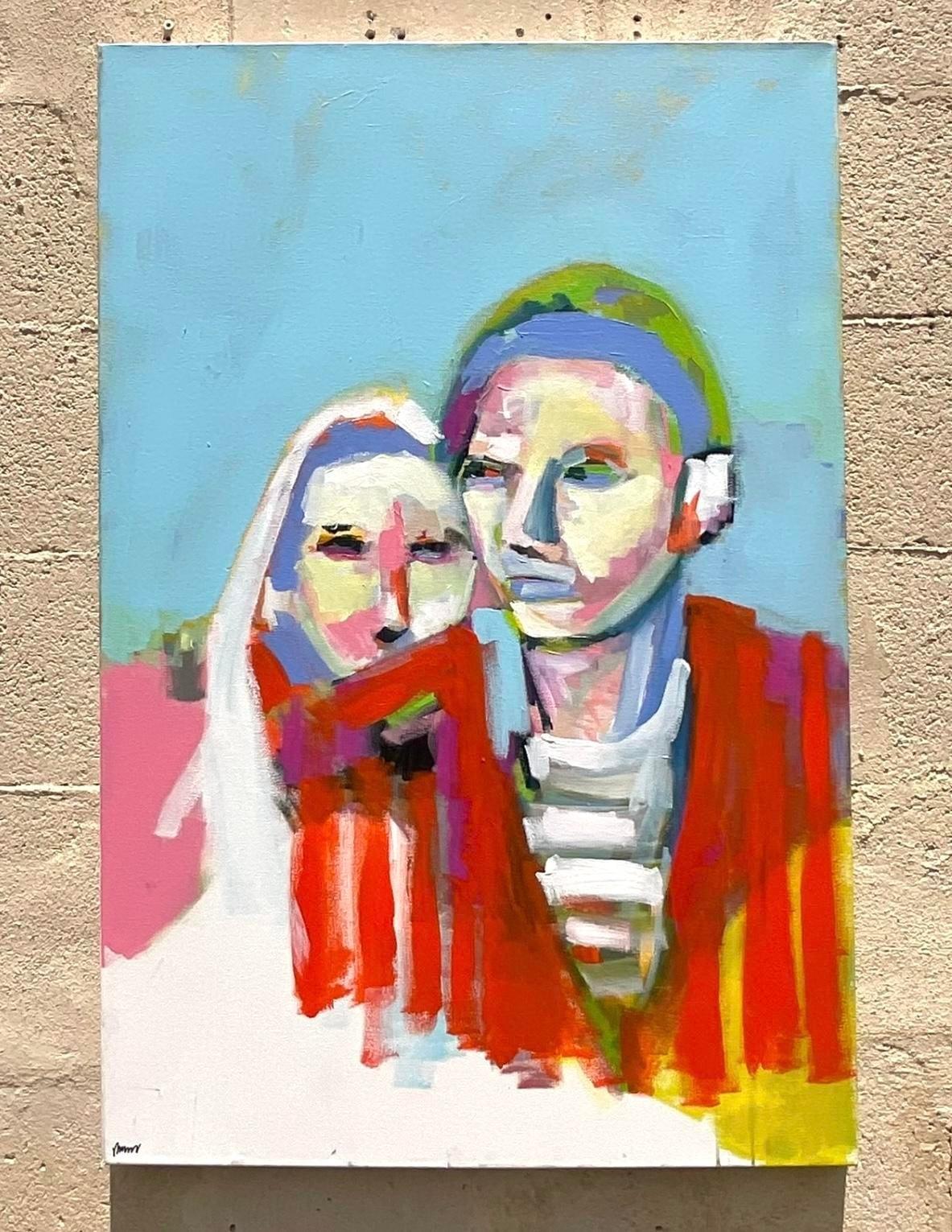 Das Vintage Boho Abstract Expressionist Figural Oil Painting on Canvas zeigt mit seinen kräftigen Farben und dynamischen Figuren den künstlerischen Einfallsreichtum Amerikas. Dieses fesselnde Kunstwerk verleiht jedem Raum eine lebendige, eklektische
