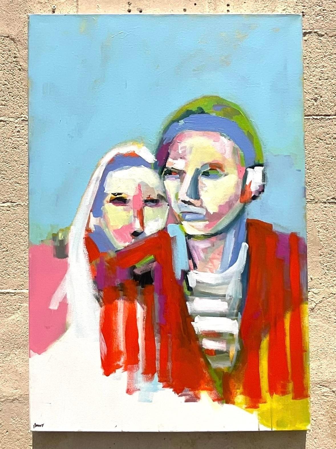 Vintage Boho Abstact Expressionistisches figurales Ölgemälde auf Leinwand, Vintage im Zustand „Gut“ im Angebot in west palm beach, FL