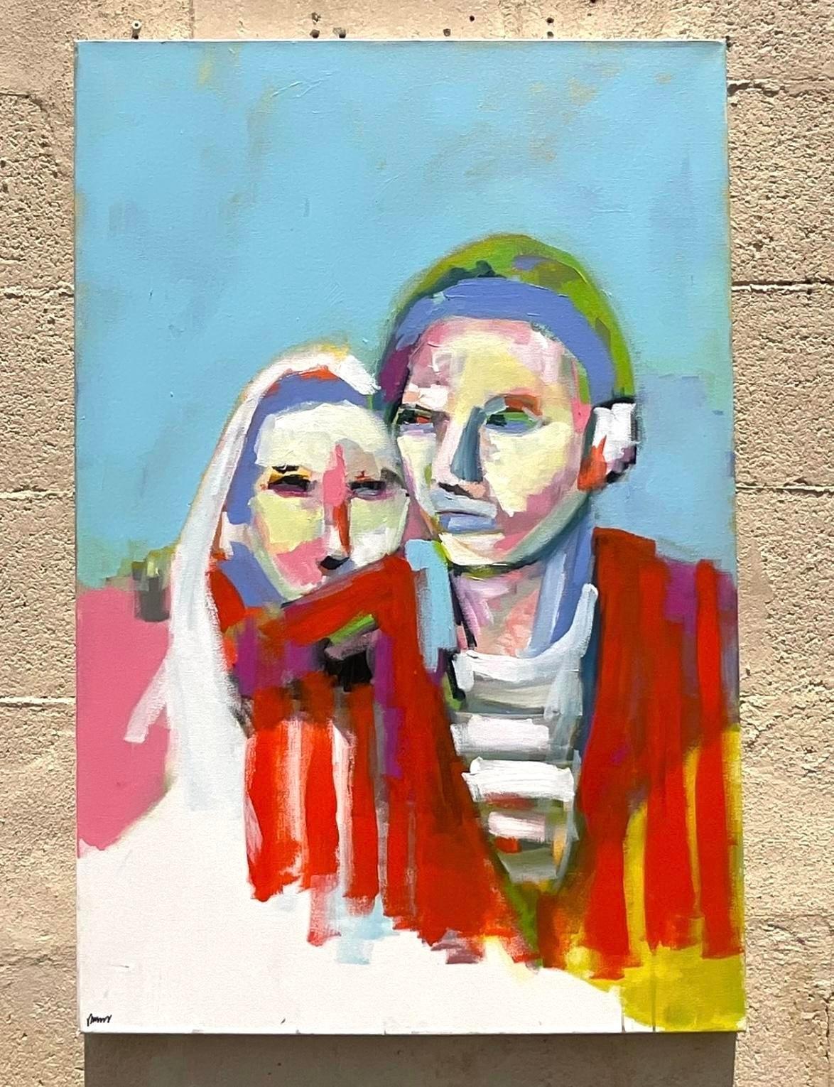 Vintage Boho Abstact Expressionistisches figurales Ölgemälde auf Leinwand, Vintage im Angebot 1