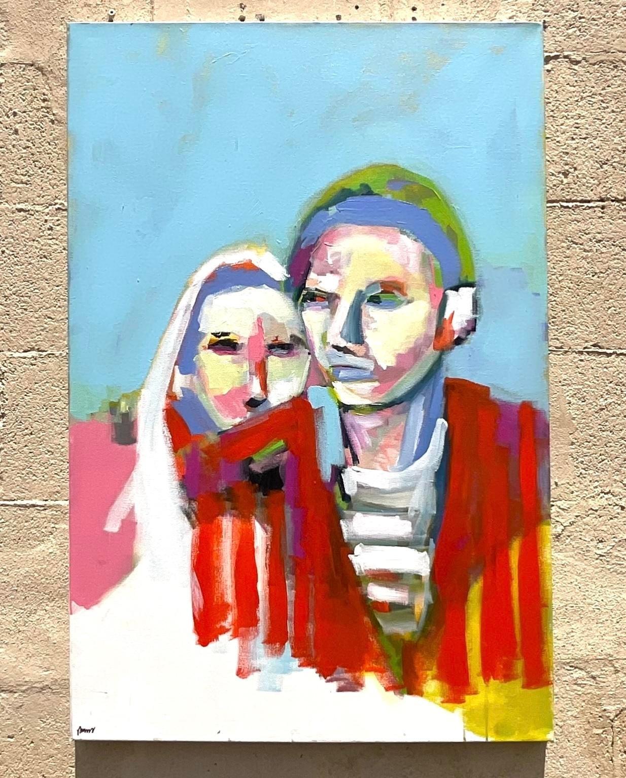Vintage Boho Abstact Expressionistisches figurales Ölgemälde auf Leinwand, Vintage im Angebot 2