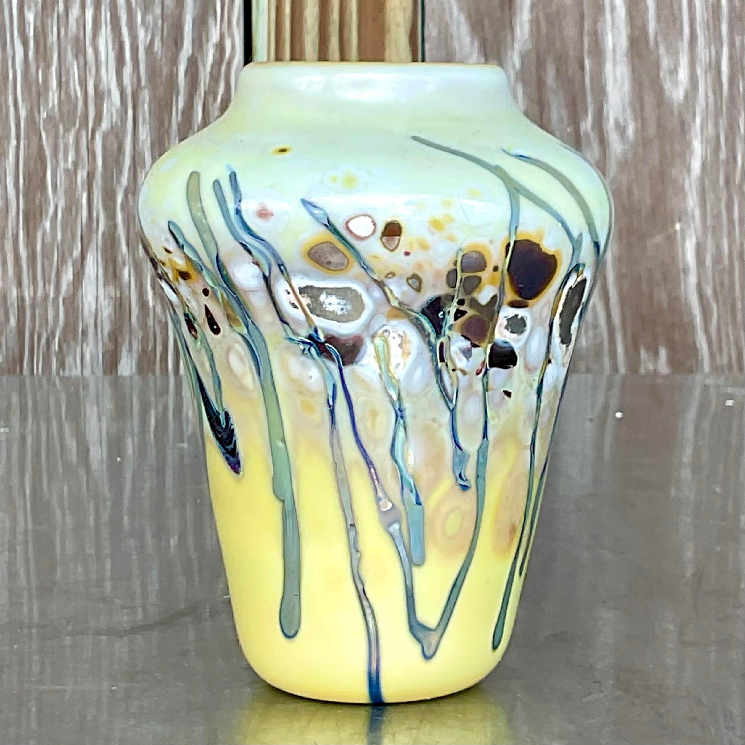 American Vintage Boho Abstract Art Glass Vase For Sale