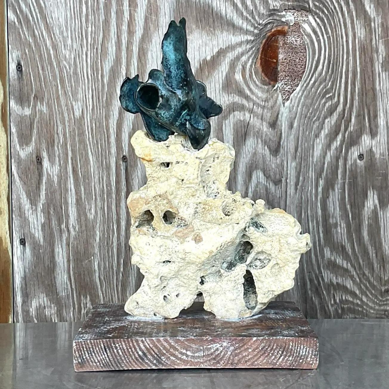 Vintage Boho Abstract Bronze and Coquina Sculpture 3