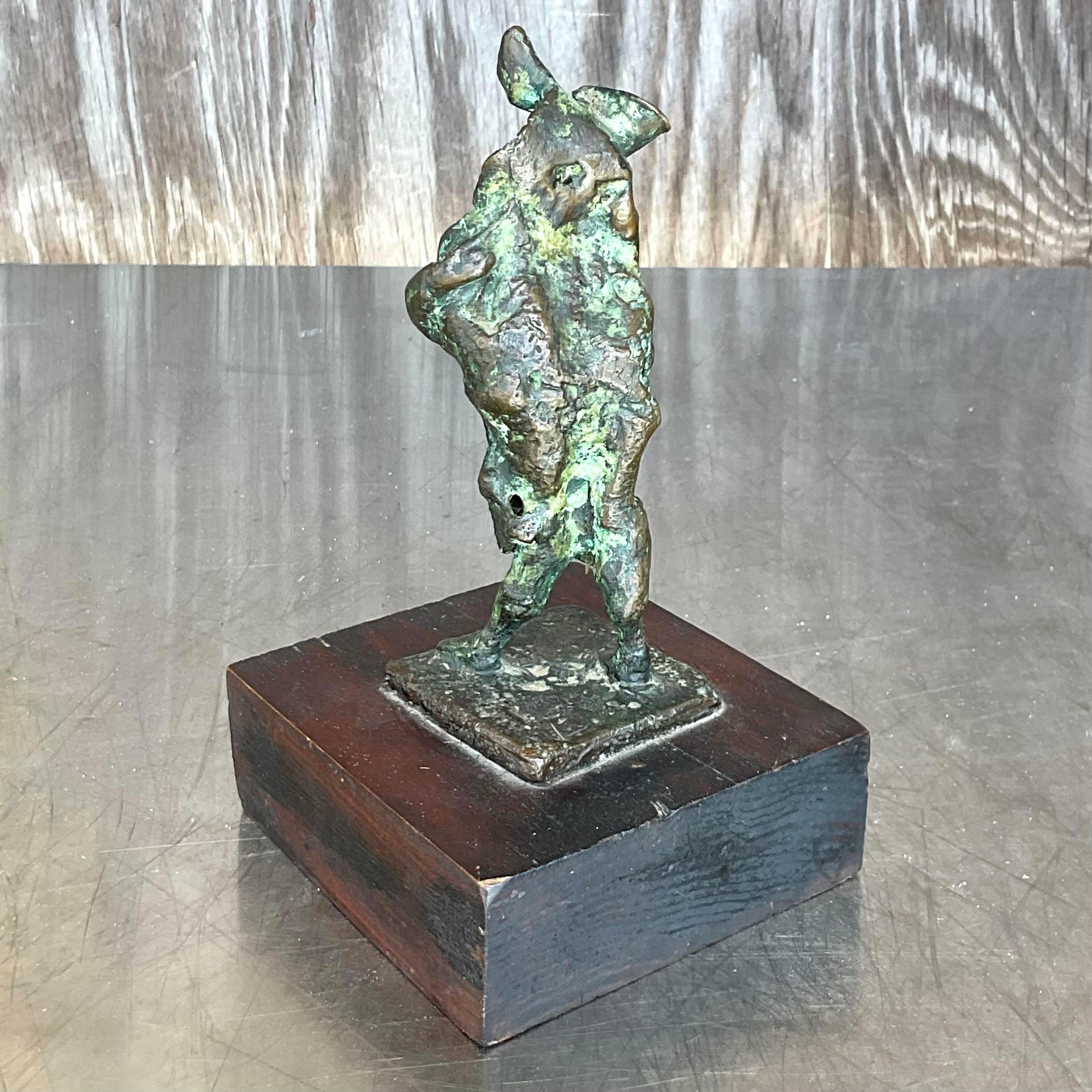 A fantastic vintage Boho bronze sculpture. A chic little abstract figure with great patina from time. Signed and dated on the plinth. Acquired from a Palm Beach estate.