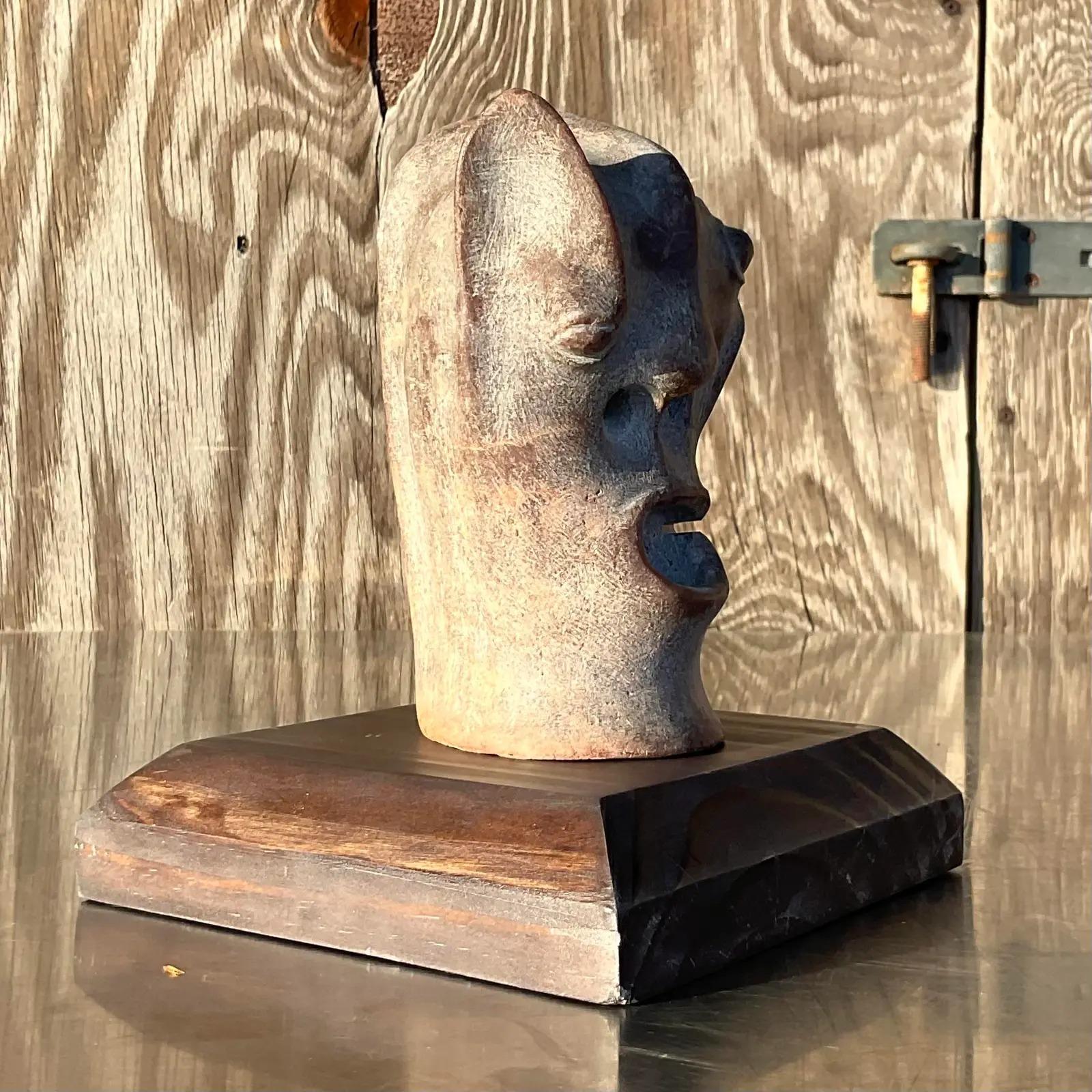 North American Vintage Boho Abstract Carved Stone Head Sculpture For Sale