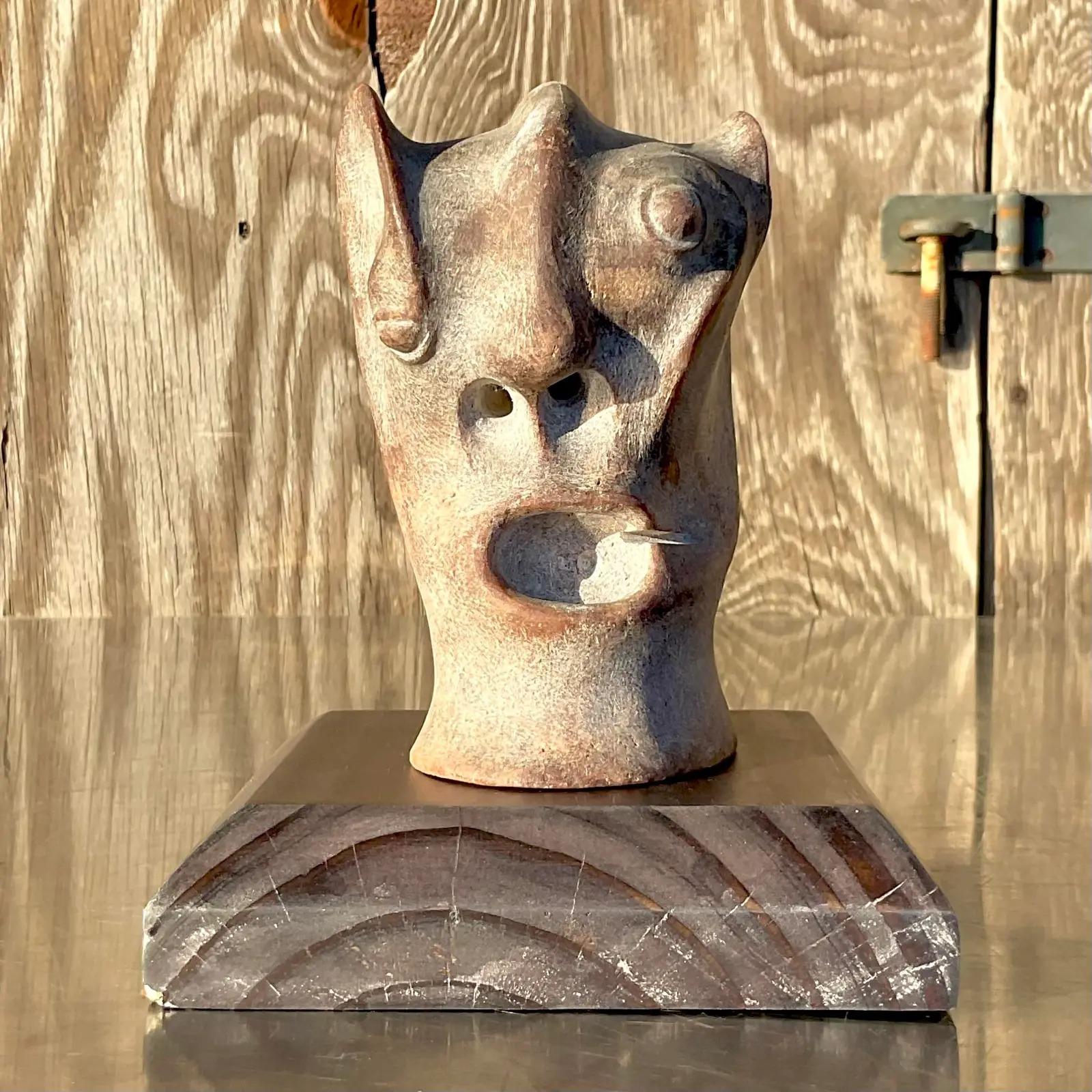 Vintage Boho Abstract Carved Stone Head Sculpture In Good Condition For Sale In west palm beach, FL