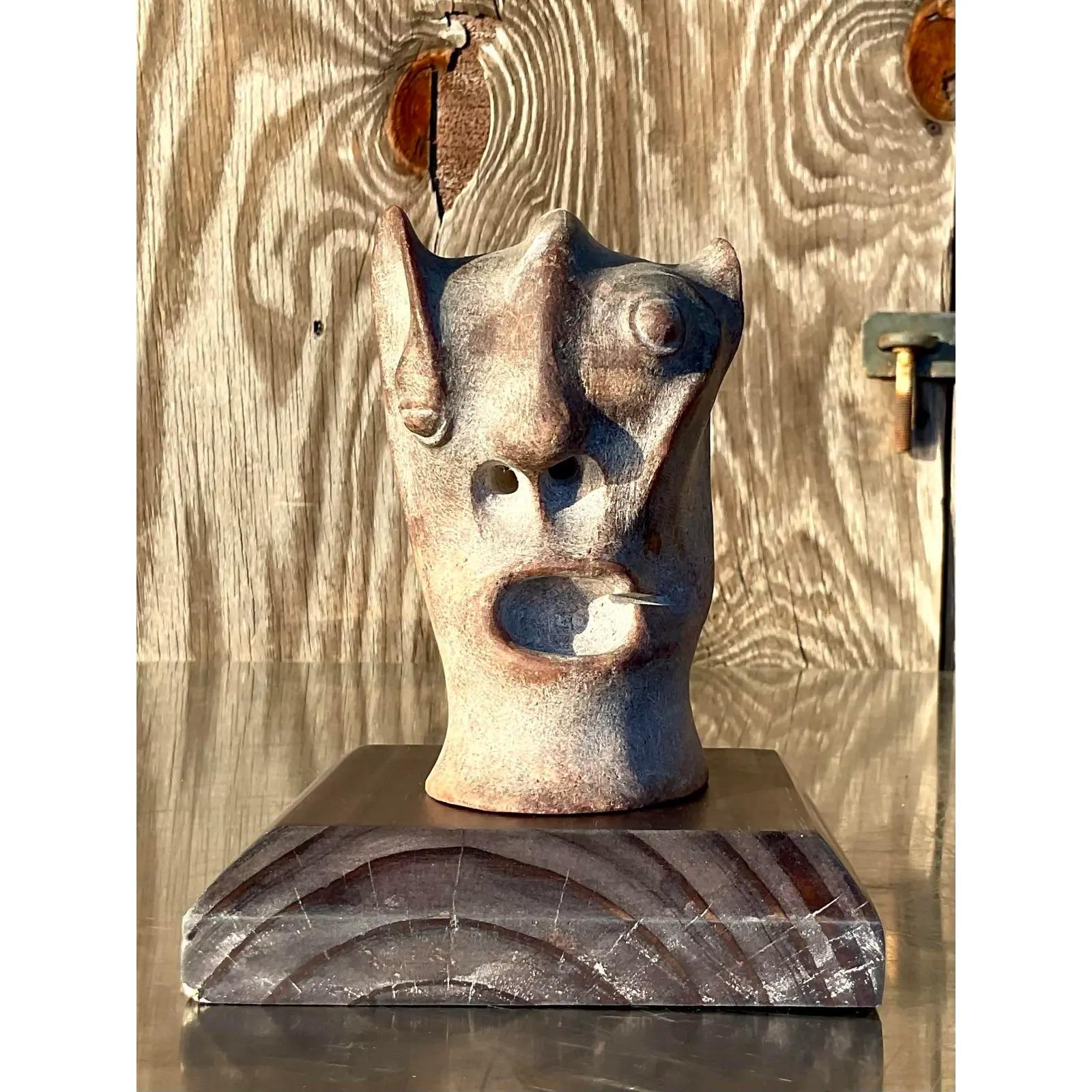 Vintage Boho Abstract Carved Stone Head Sculpture For Sale 2
