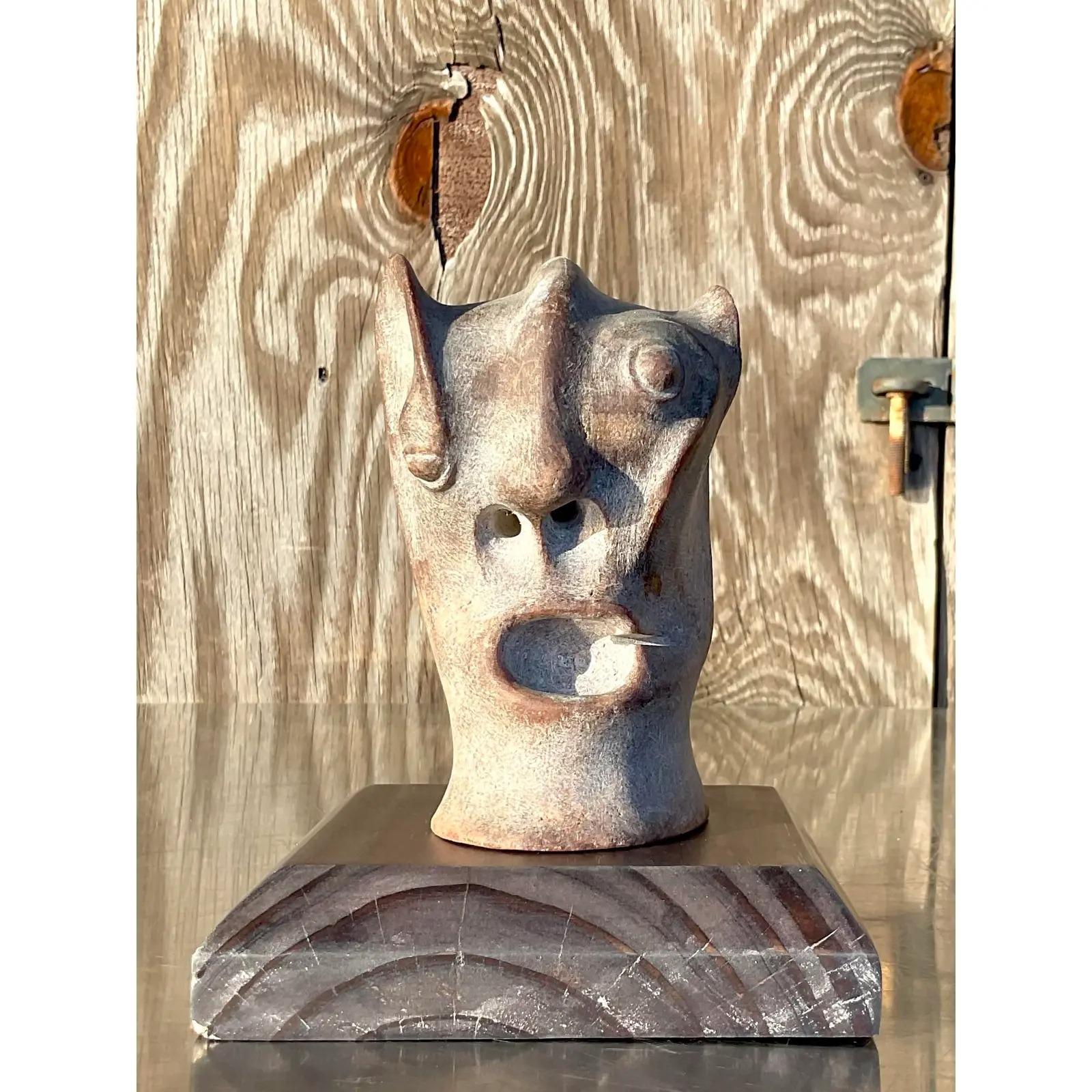 Vintage Boho Abstract Carved Stone Head Sculpture For Sale 4