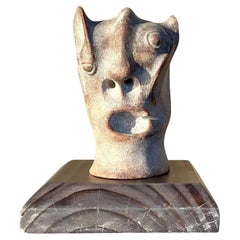 Vintage Boho Abstract Carved Stone Head Sculpture