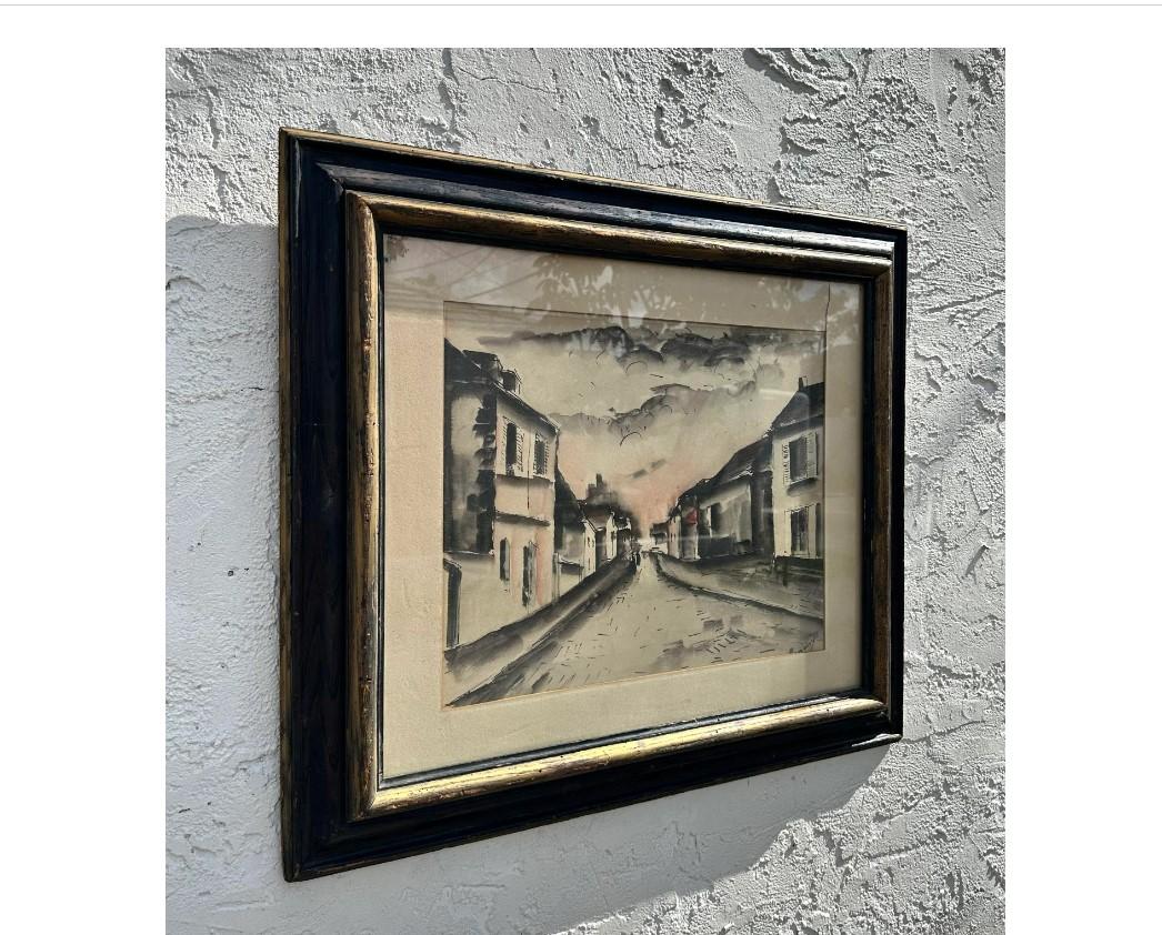 Rustique Dessin technique mixte de paysage urbain abstrait boho vintage sur papier en vente