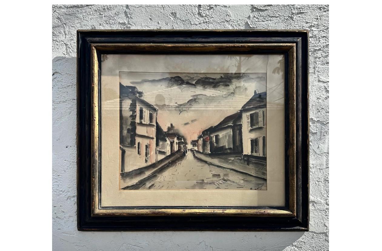 Nord-américain Dessin technique mixte de paysage urbain abstrait boho vintage sur papier en vente