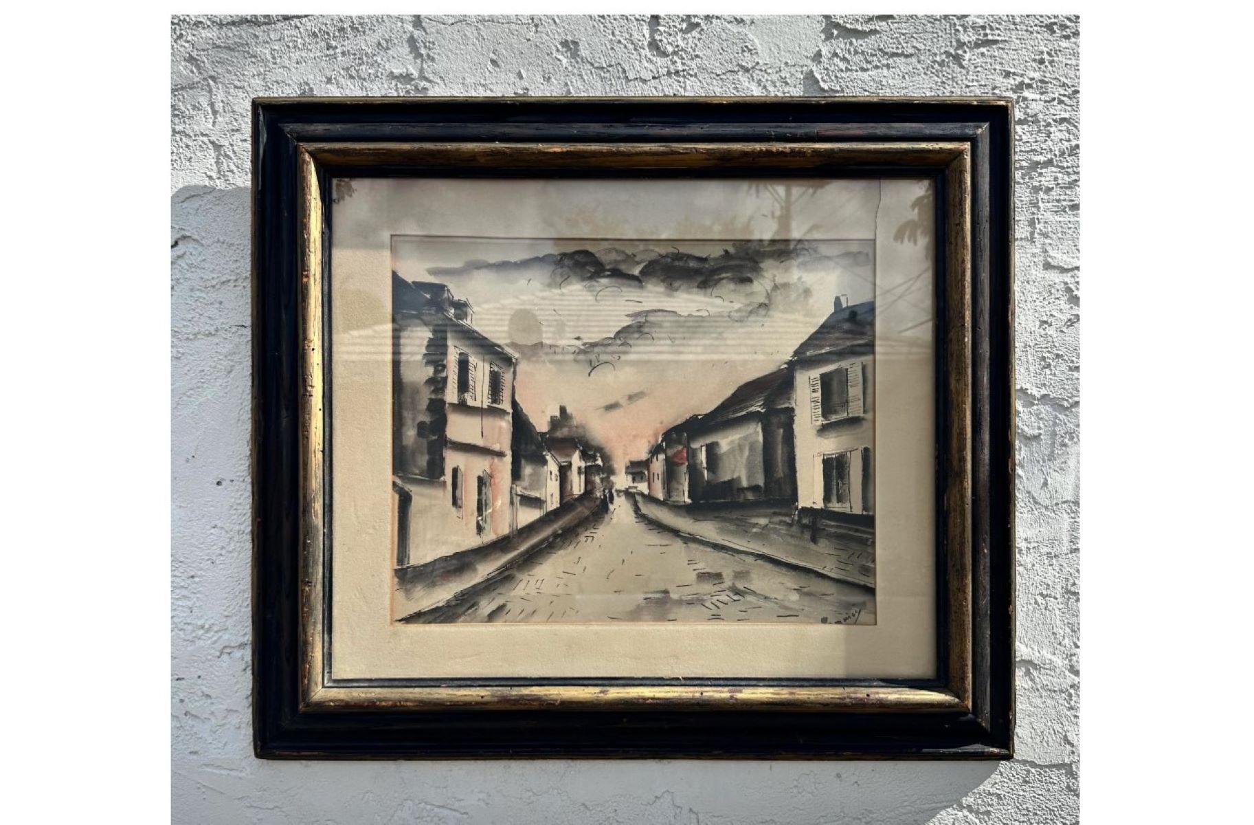 Dessin technique mixte de paysage urbain abstrait boho vintage sur papier Bon état - En vente à west palm beach, FL