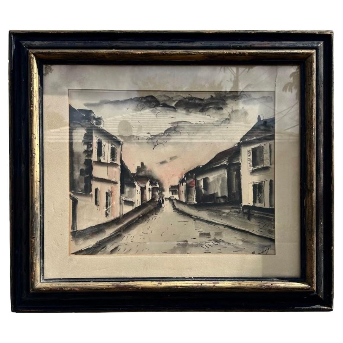 Vintage Boho Abstract Cityscape Disegno a tecnica mista su carta