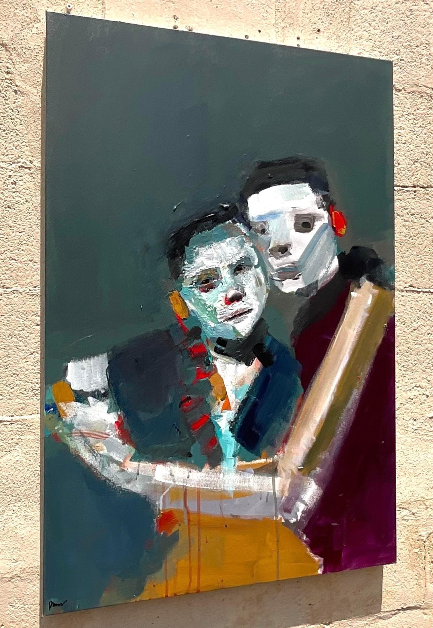 Das Vintage Boho Abstract Expressionist Figural Oil on Canvas fängt mit seinen lebhaften Farben und ausdrucksstarken Formen die Essenz der amerikanischen künstlerischen Freiheit ein. Dieses auffällige Stück bringt ein dynamisches und kreatives Flair