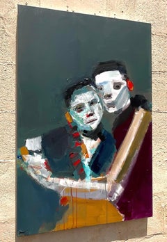 Vintage Boho Abstract Expressionist Figural Oil Painting on Canvas