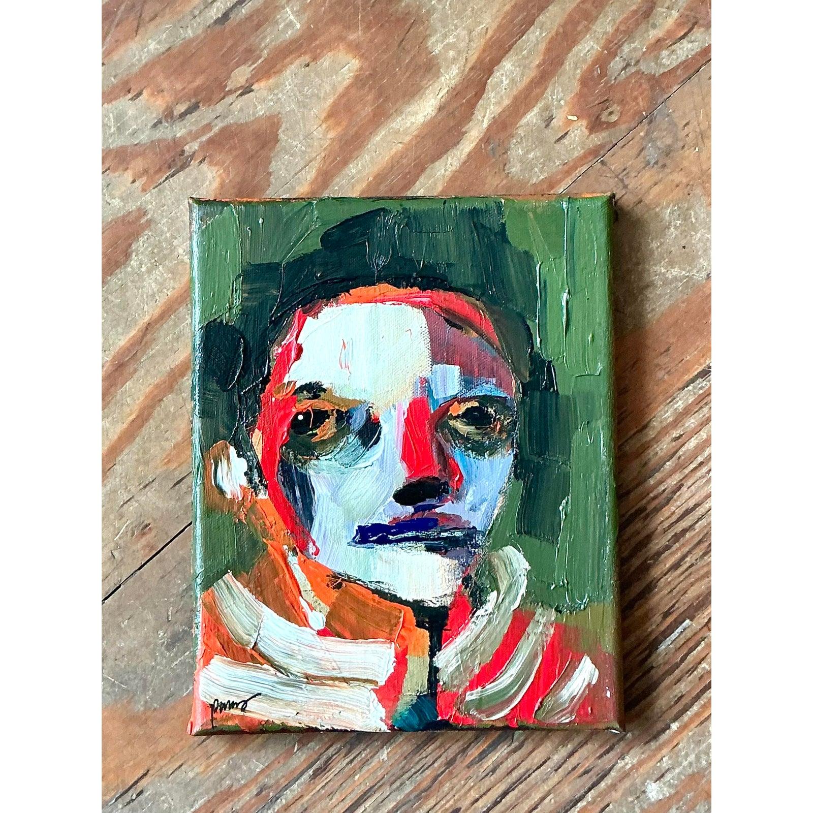 Vintage Boho Abstrakt Expressionist Porträt auf Leinwand (Expressionismus) im Angebot