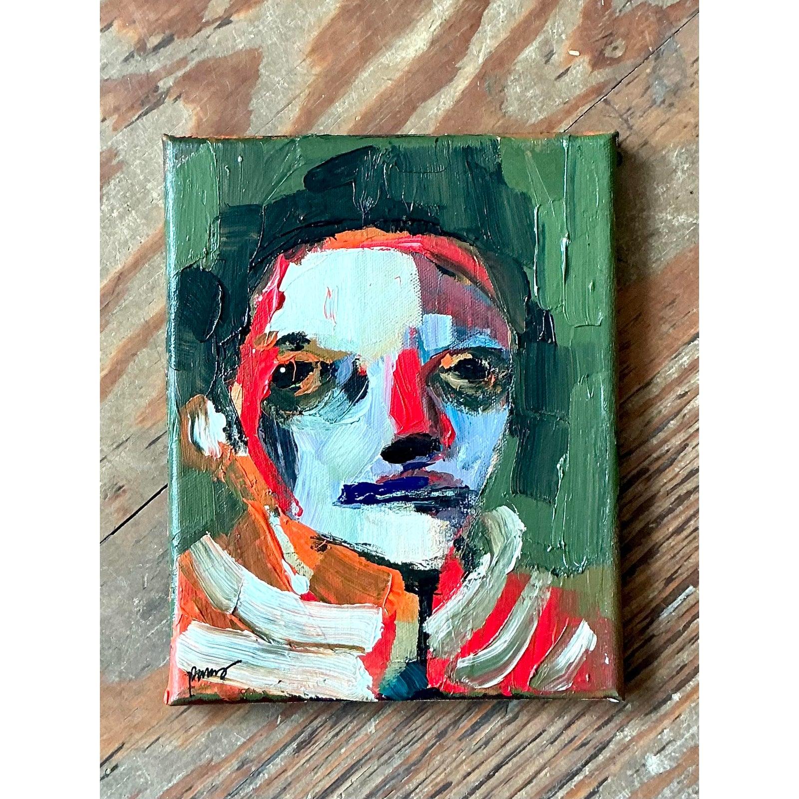 Vintage Boho Abstrakt Expressionist Porträt auf Leinwand im Zustand „Gut“ im Angebot in West Palm Beach, FL