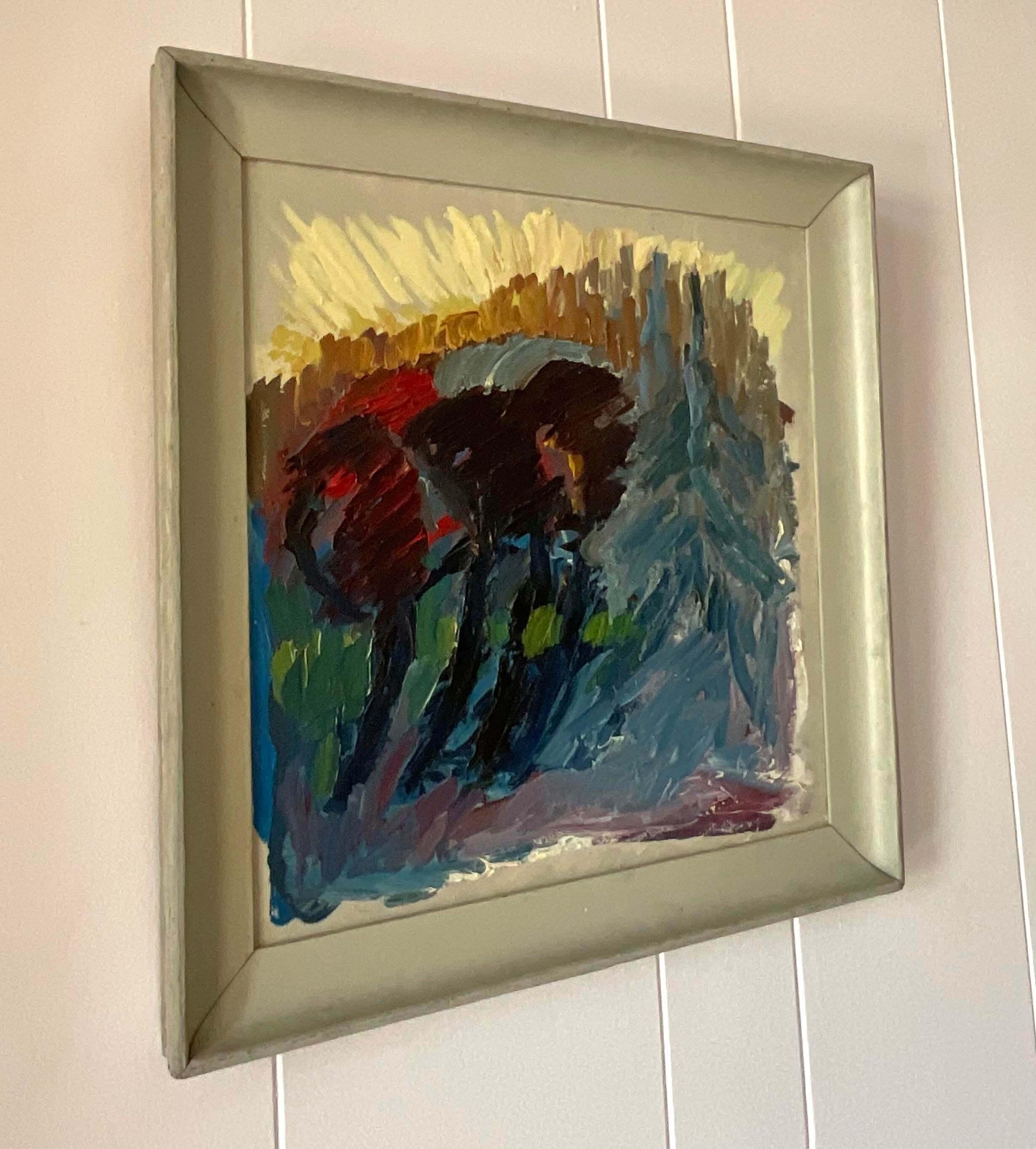 Eine atemberaubende Vintage Boho original Ölgemälde auf Leinwand. Vom Künstler signiert und datiert 1963. Eine brillante abstrakte Komposition in tiefen, satten Farben. Wurde aus einem Nachlass in Miami erworben.