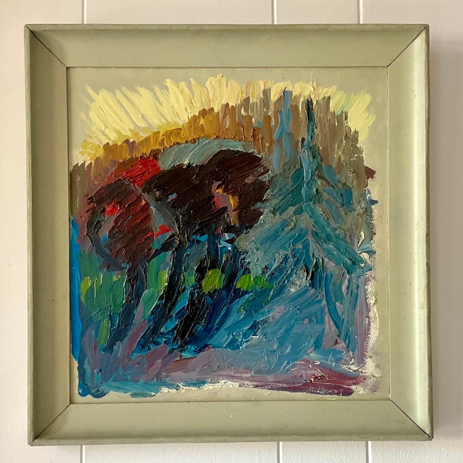 Vintage Boho Abstrakter Expressionist, signiertes Original Ölgemälde auf Leinwand 1963 (amerikanisch) im Angebot