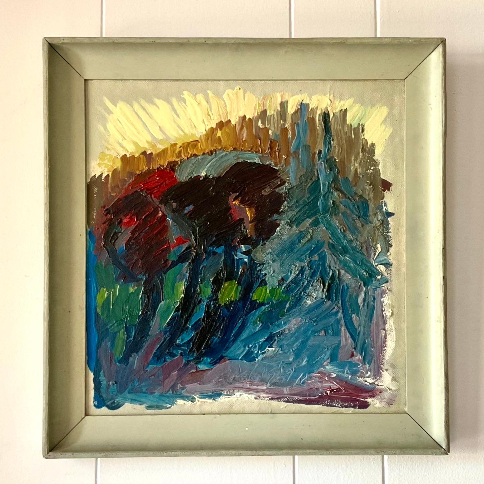 Vintage Boho Abstrakter Expressionist, signiertes Original Ölgemälde auf Leinwand 1963 (Mitte des 20. Jahrhunderts) im Angebot