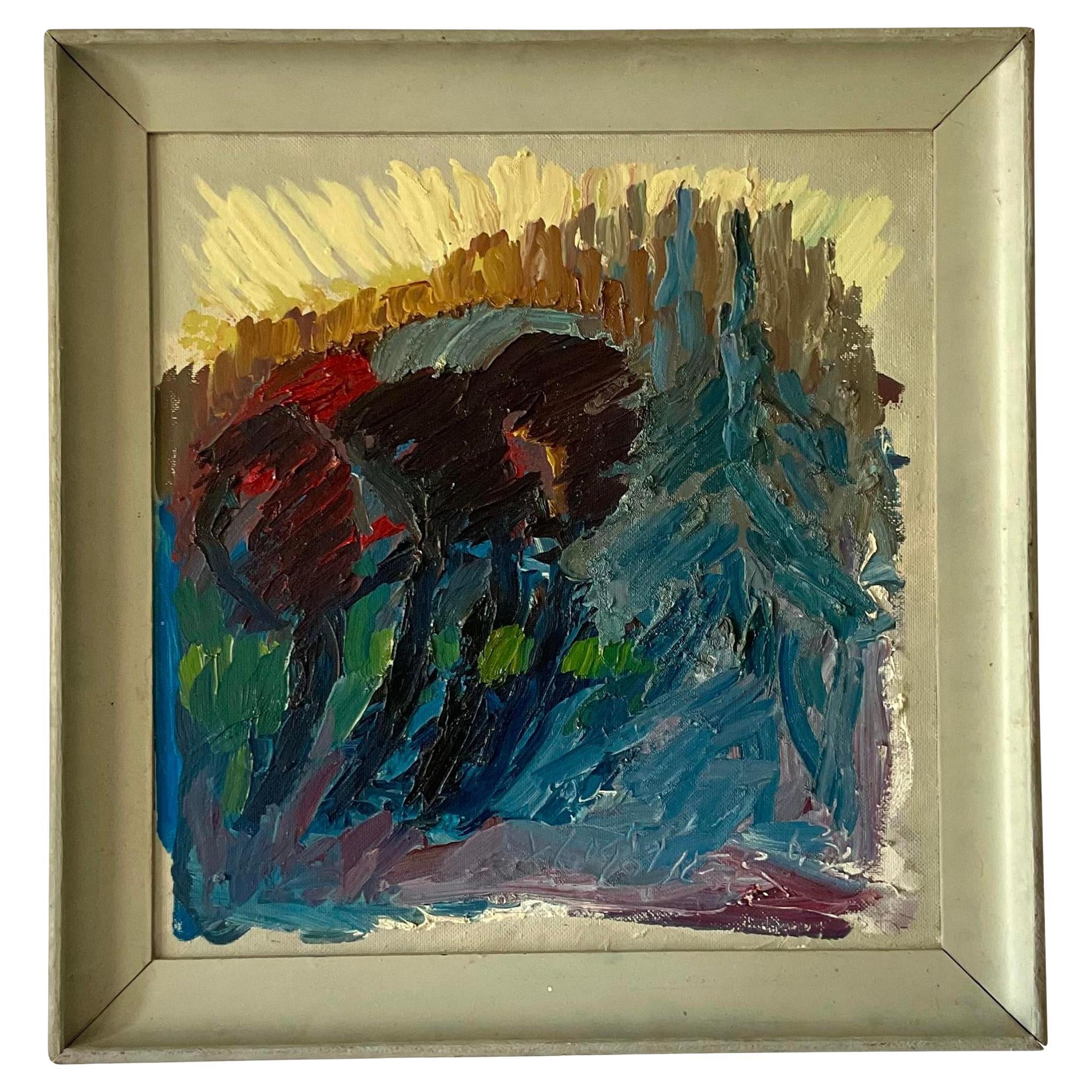 Vintage Boho Abstrakter Expressionist, signiertes Original Ölgemälde auf Leinwand 1963