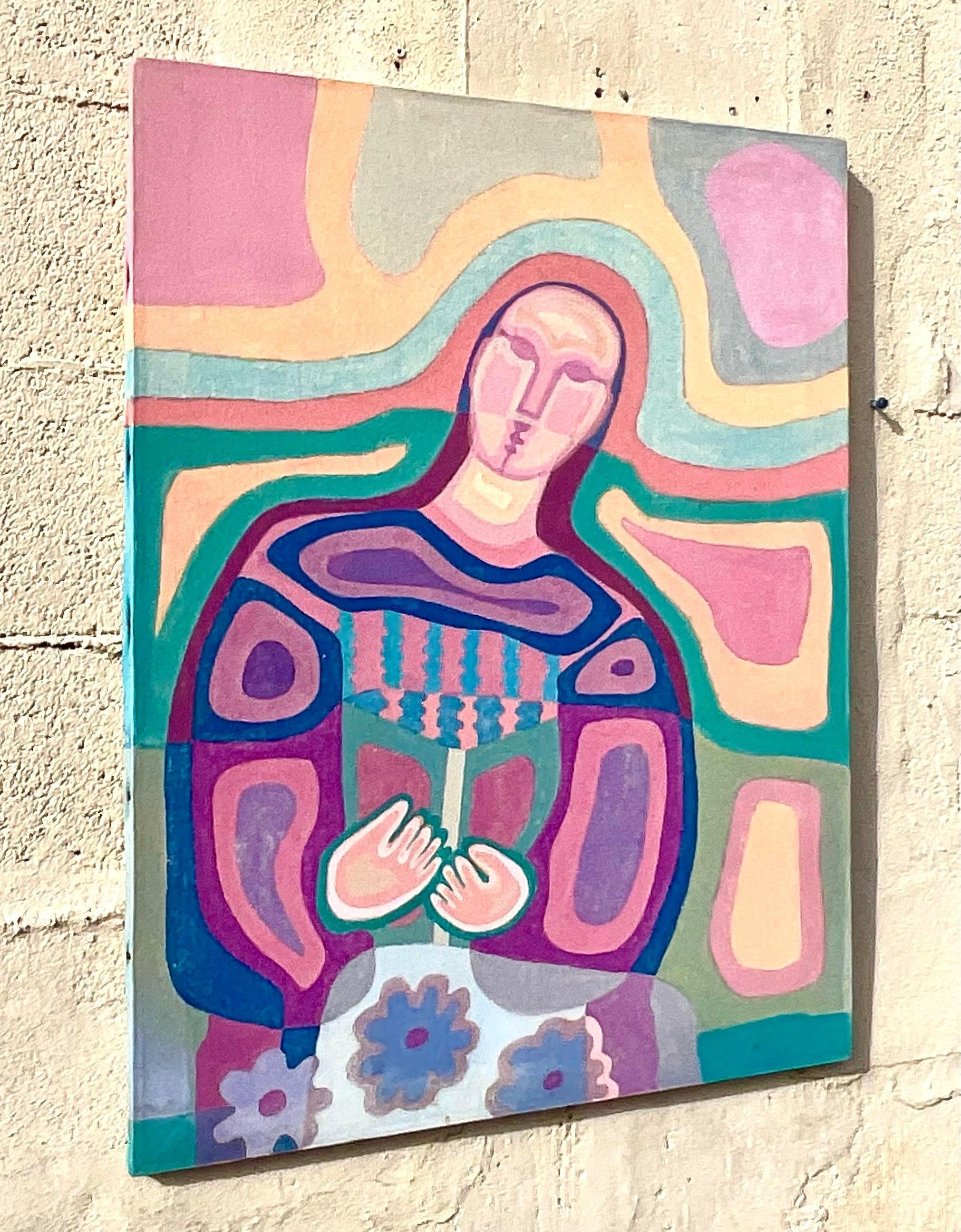 Olio d'epoca su tela raffigurante un essere umano che tiene le mani unite. Una combinazione di colori pastello tenui e forme curve per formare la figura umana. Acquistato da una proprietà di Palm Beach.